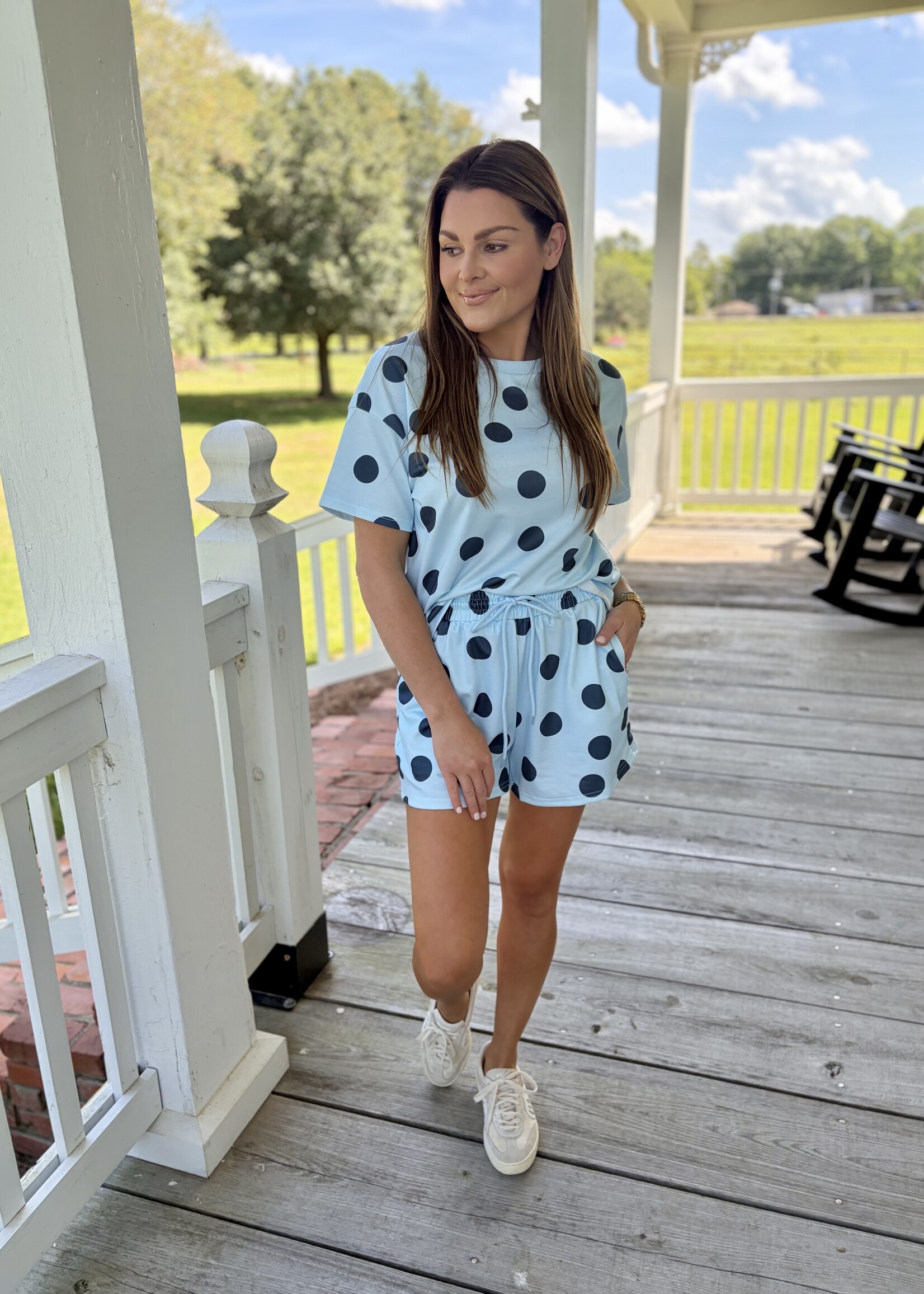 LA Society Blue Polka Dot Loose Tee Drawstring Short Set