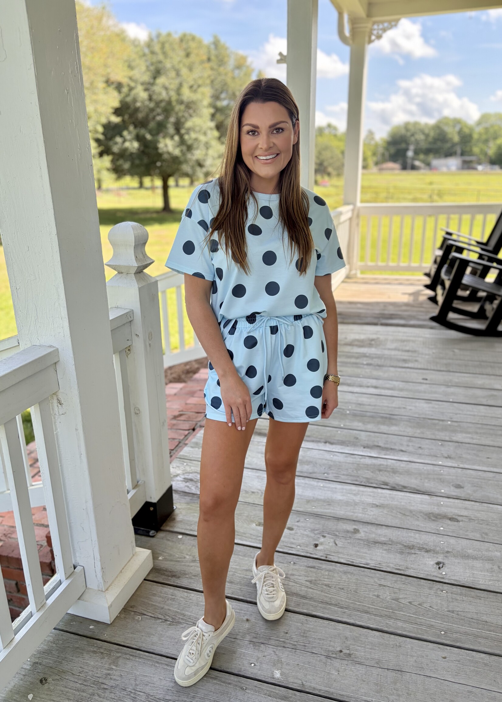 LA Society Blue Polka Dot Loose Tee Drawstring Short Set