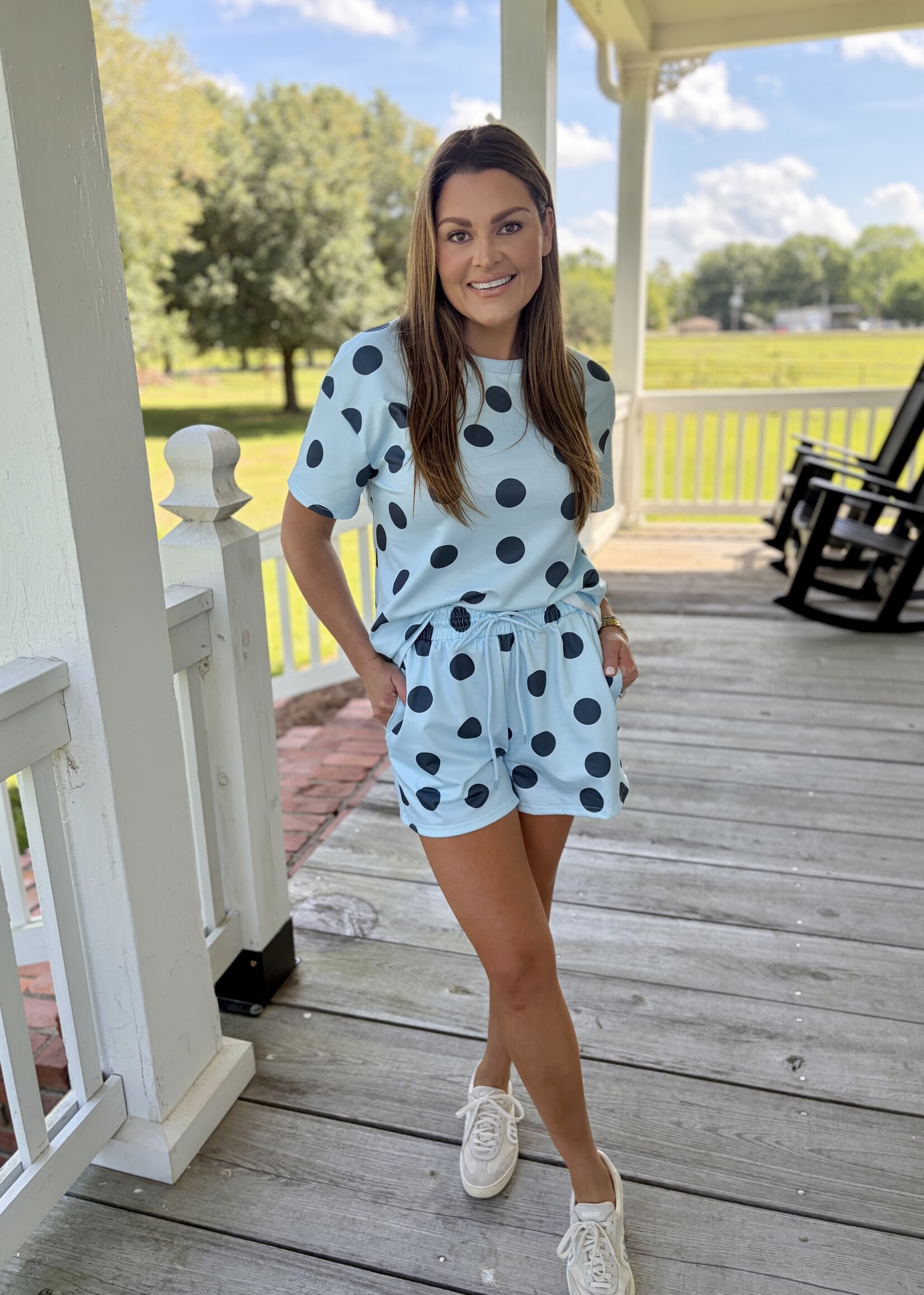 LA Society Blue Polka Dot Loose Tee Drawstring Short Set