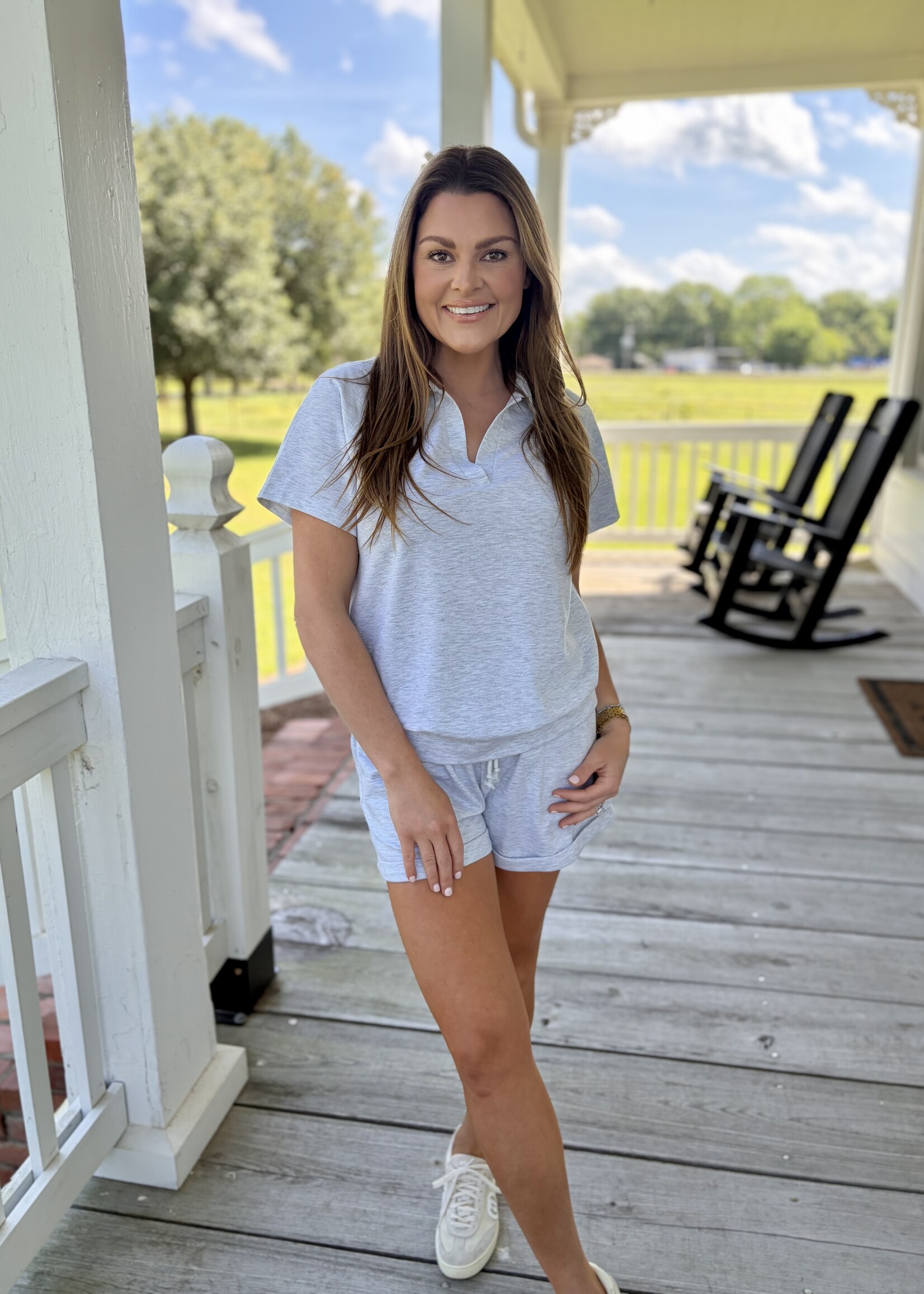 LA Society Grey Drawstring V-Neck Top Set