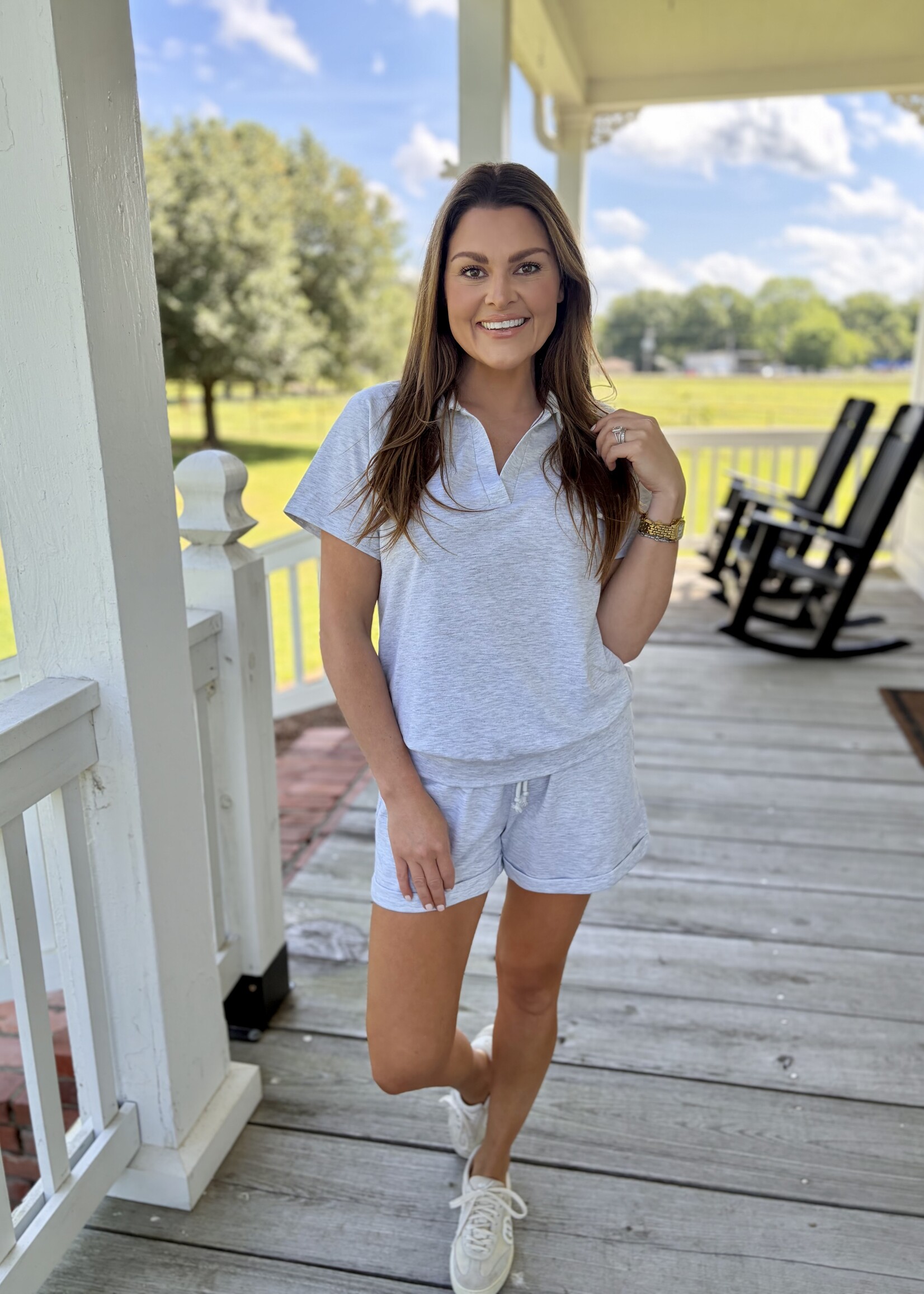 LA Society Grey Drawstring V-Neck Top Set