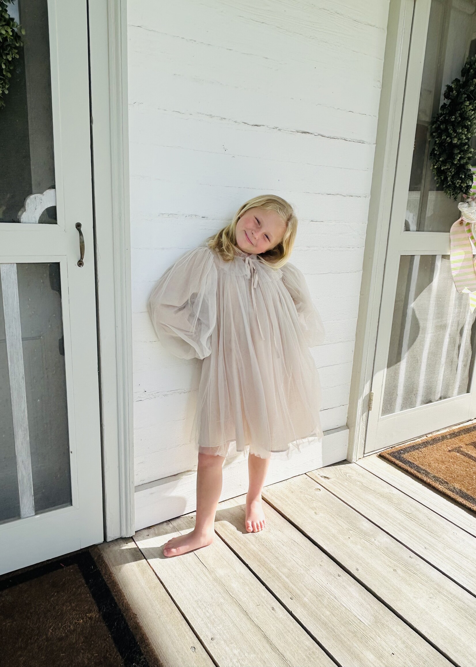 Rylee Faith Designs Tan Puff Sleeve Tulle Girls Dress