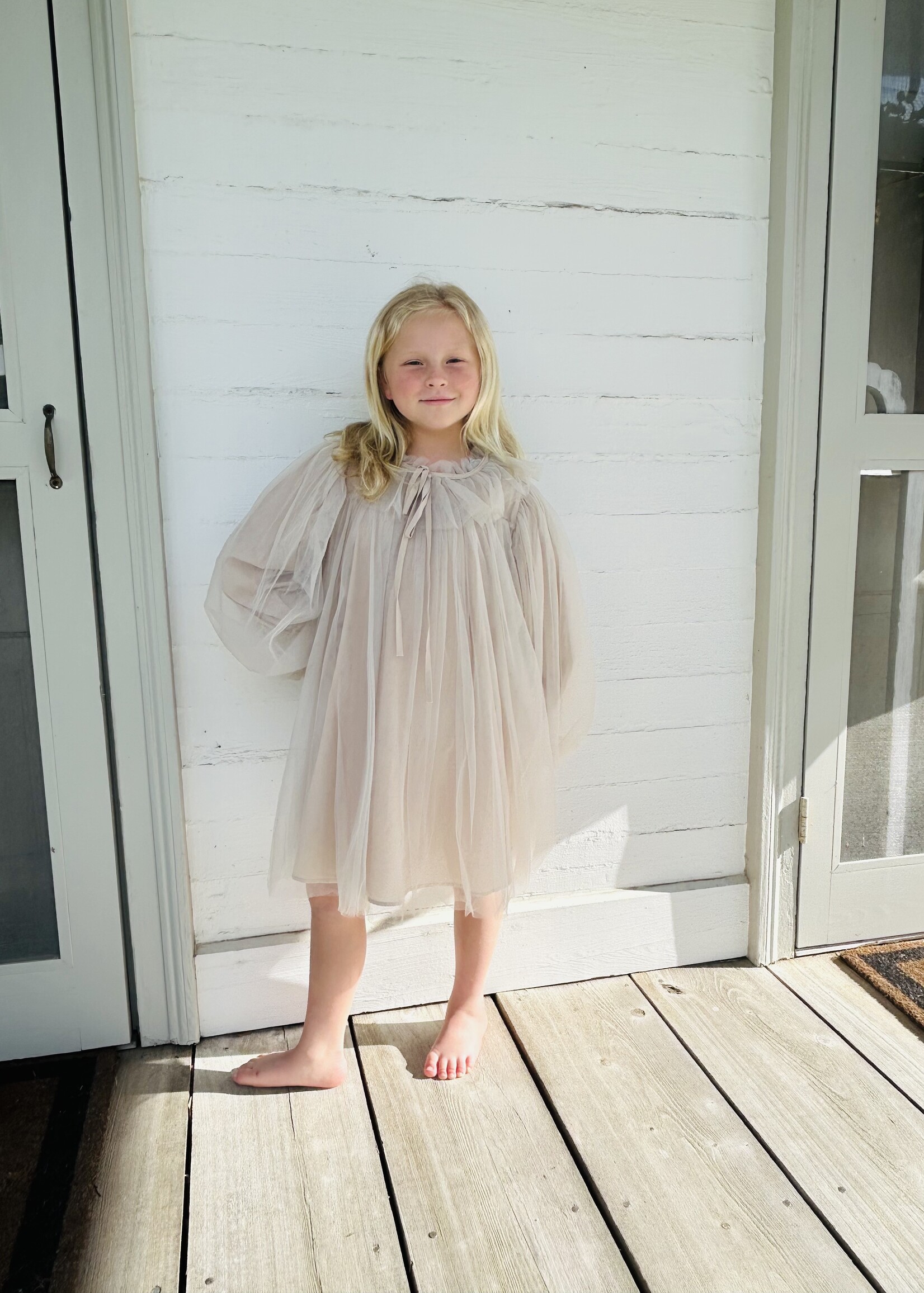 Rylee Faith Designs Tan Puff Sleeve Tulle Girls Dress