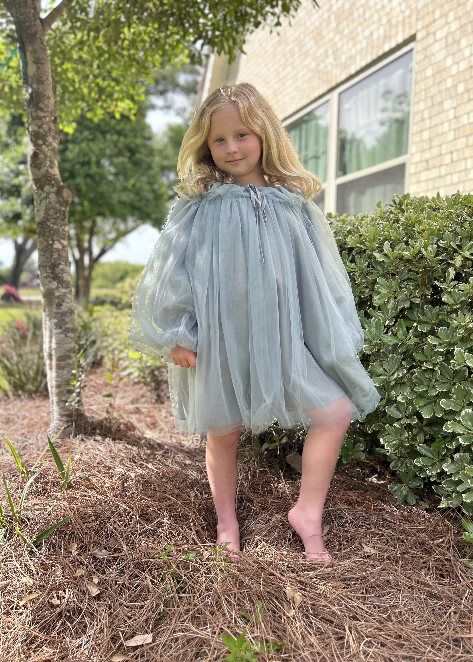 Rylee Faith Designs Blue & Green Puff Sleeve Tulle Girls Dress