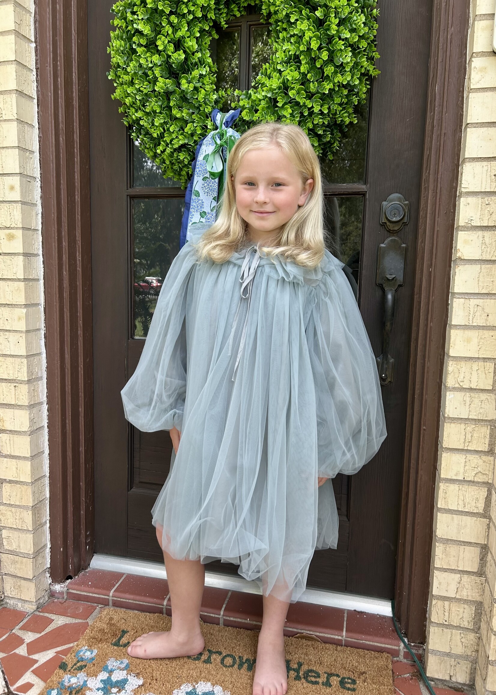 Rylee Faith Designs Blue & Green Puff Sleeve Tulle Girls Dress
