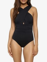 Dipped Soap Black V-Neck Cross One-Piece Swimsuit