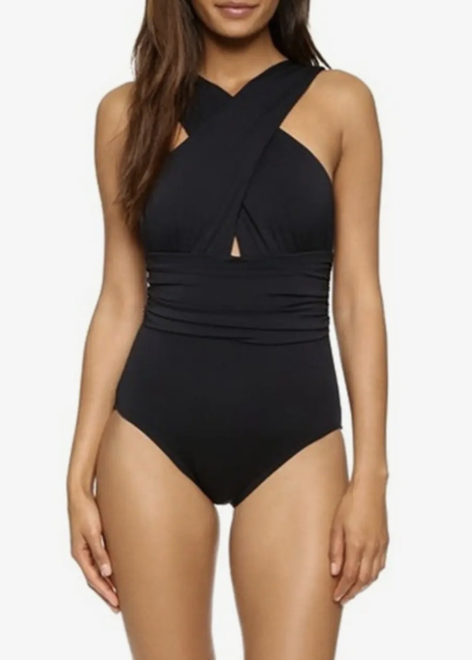 Dipped Soap Black V-Neck Cross One-Piece Swimsuit