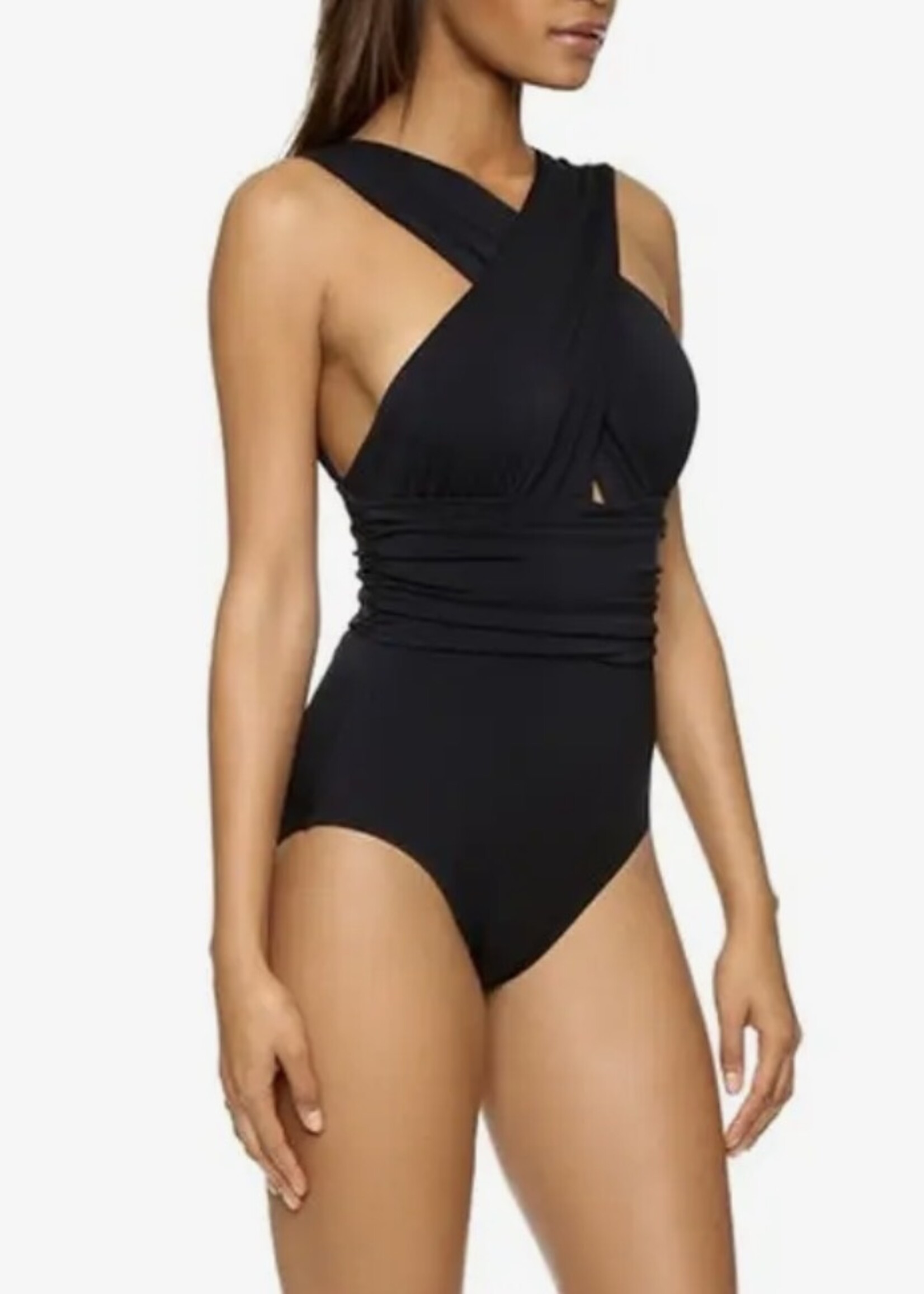 Dipped Soap Black V-Neck Cross One-Piece Swimsuit
