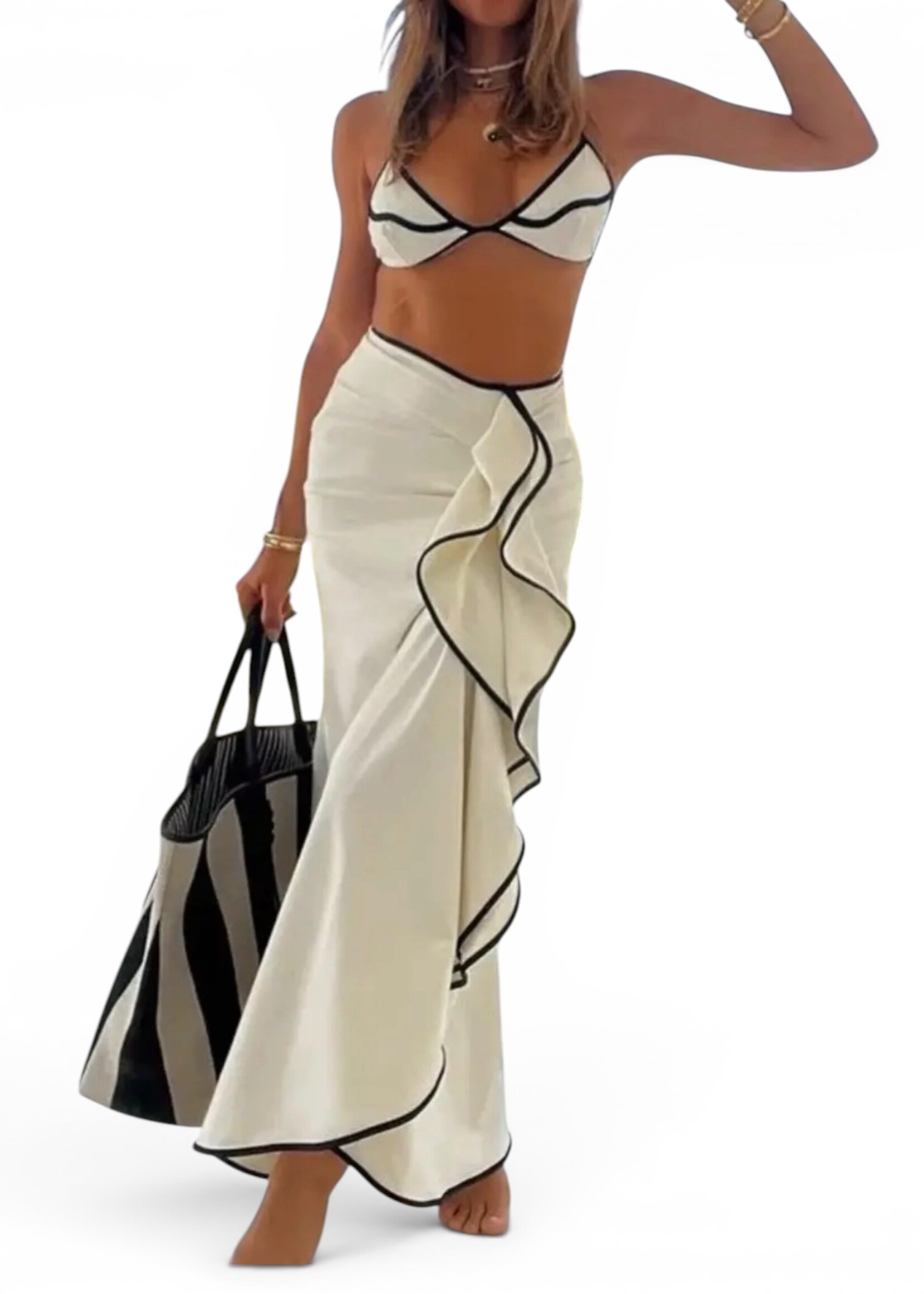 Dipped Soap White Color Block String Bikini w/ Cover Up