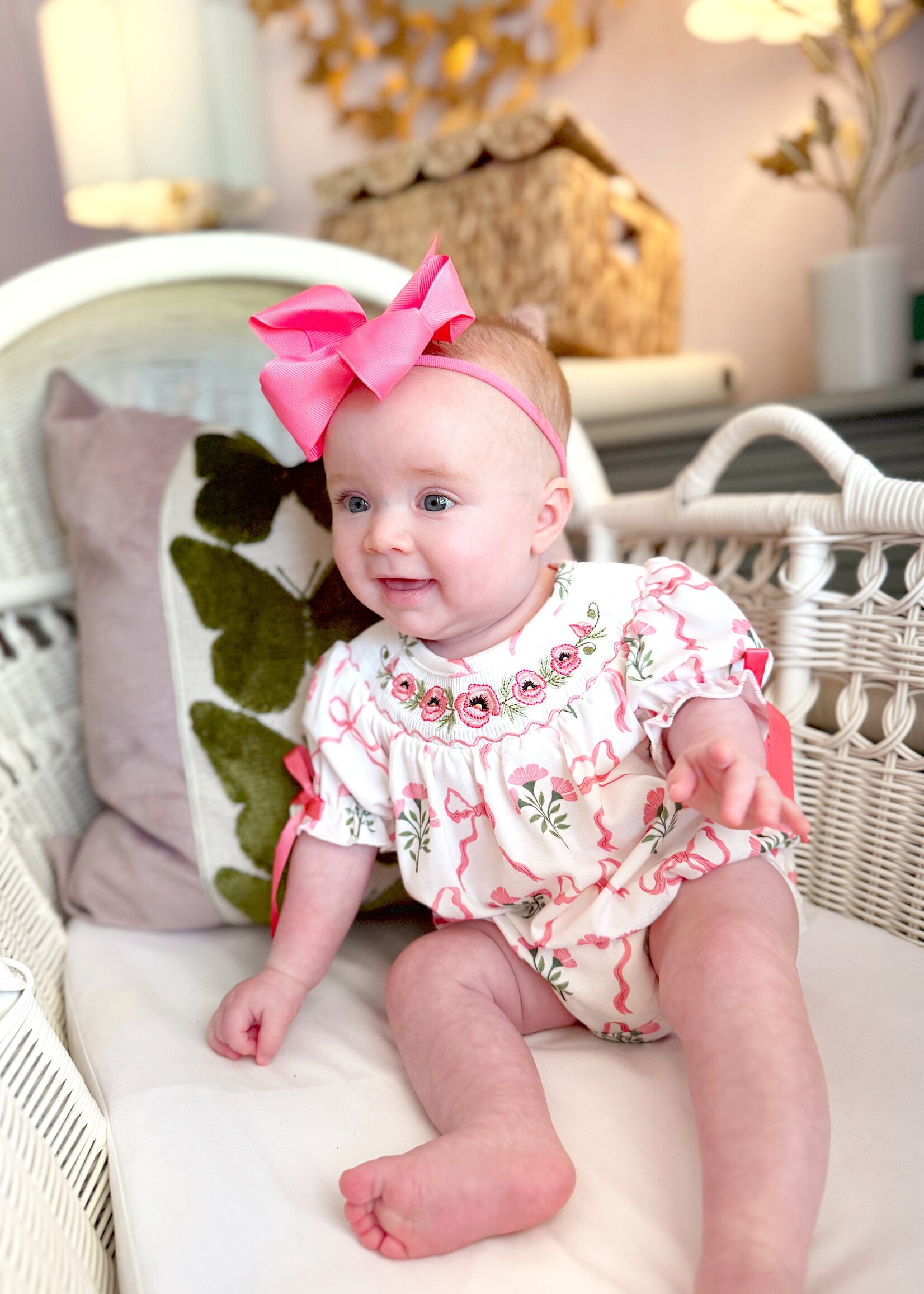 Rylee Faith Designs Spring Floral Embroidery bow Baby Girls Romper