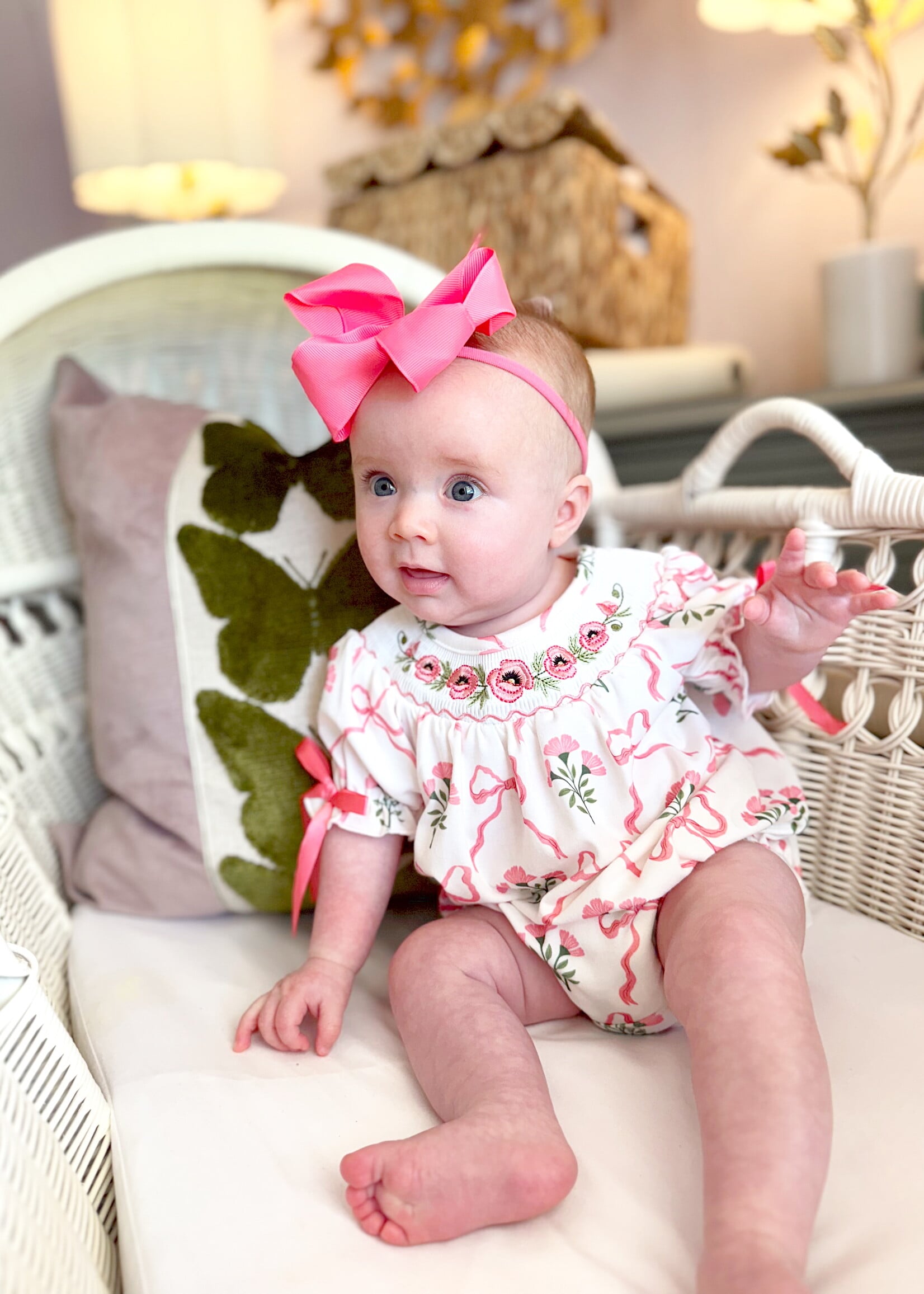 Rylee Faith Designs Spring Floral Embroidery bow Baby Girls Romper