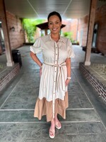 Flying Tomato Cream & Brown Solid Color Block Midi Dress