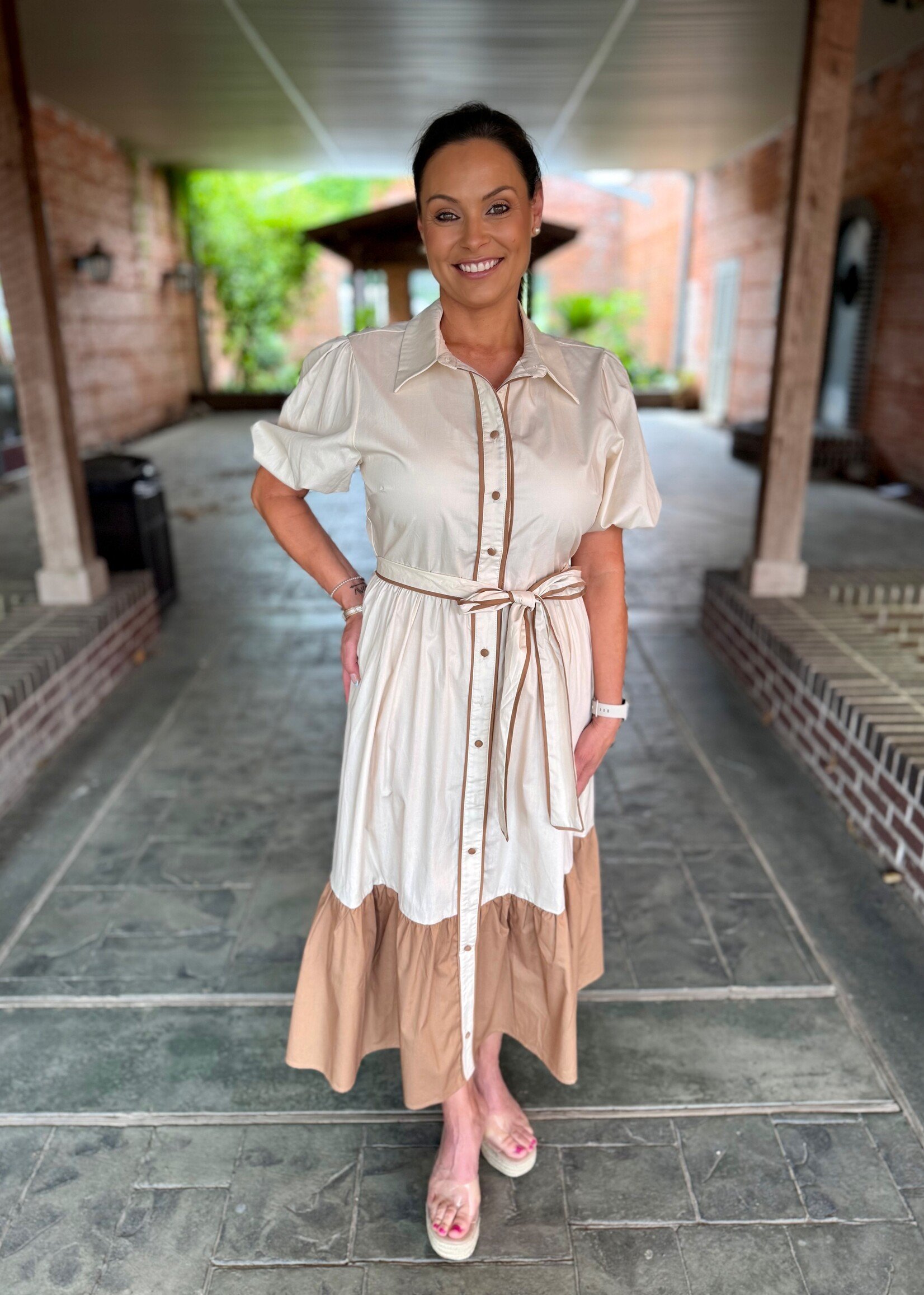 Flying Tomato Cream & Brown Solid Color Block Midi Dress