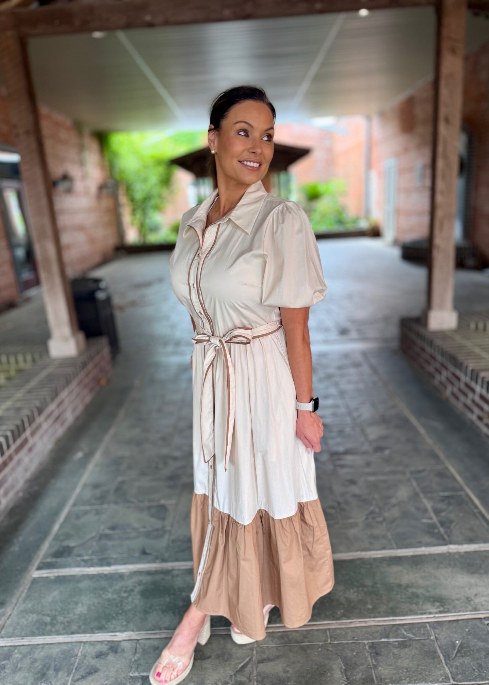 Flying Tomato Cream & Brown Solid Color Block Midi Dress