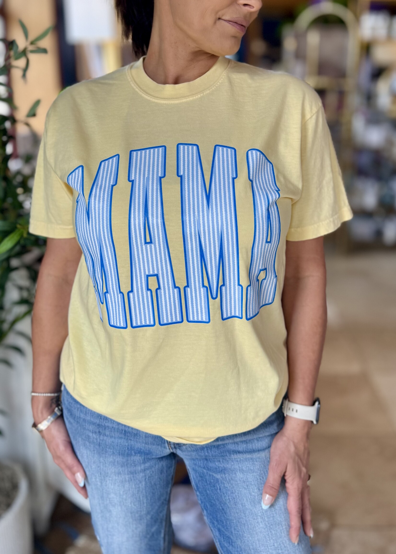 Bloom and Company Yellow Striped Mama Blue Tee