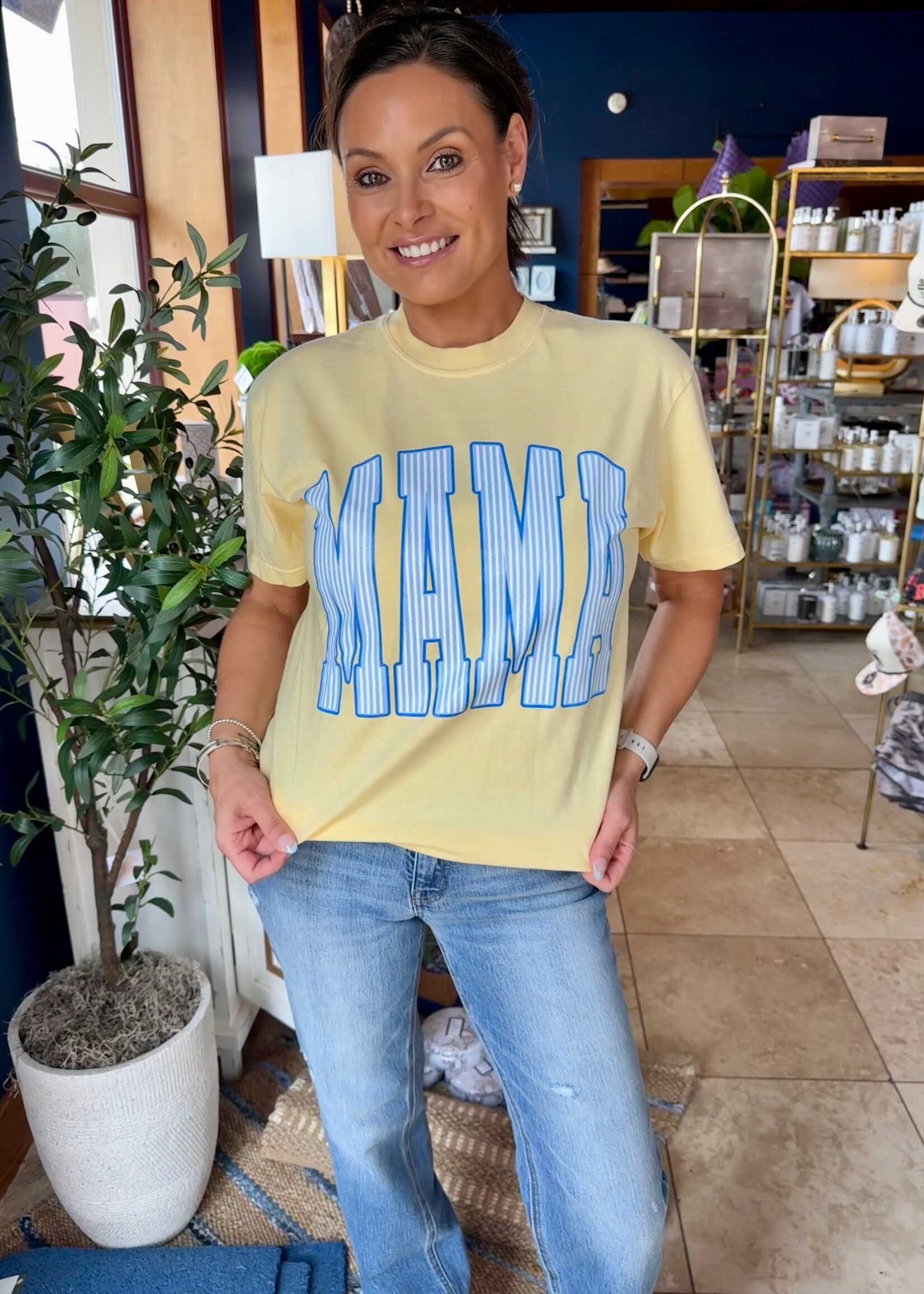 Bloom and Company Yellow Striped Mama Blue Tee