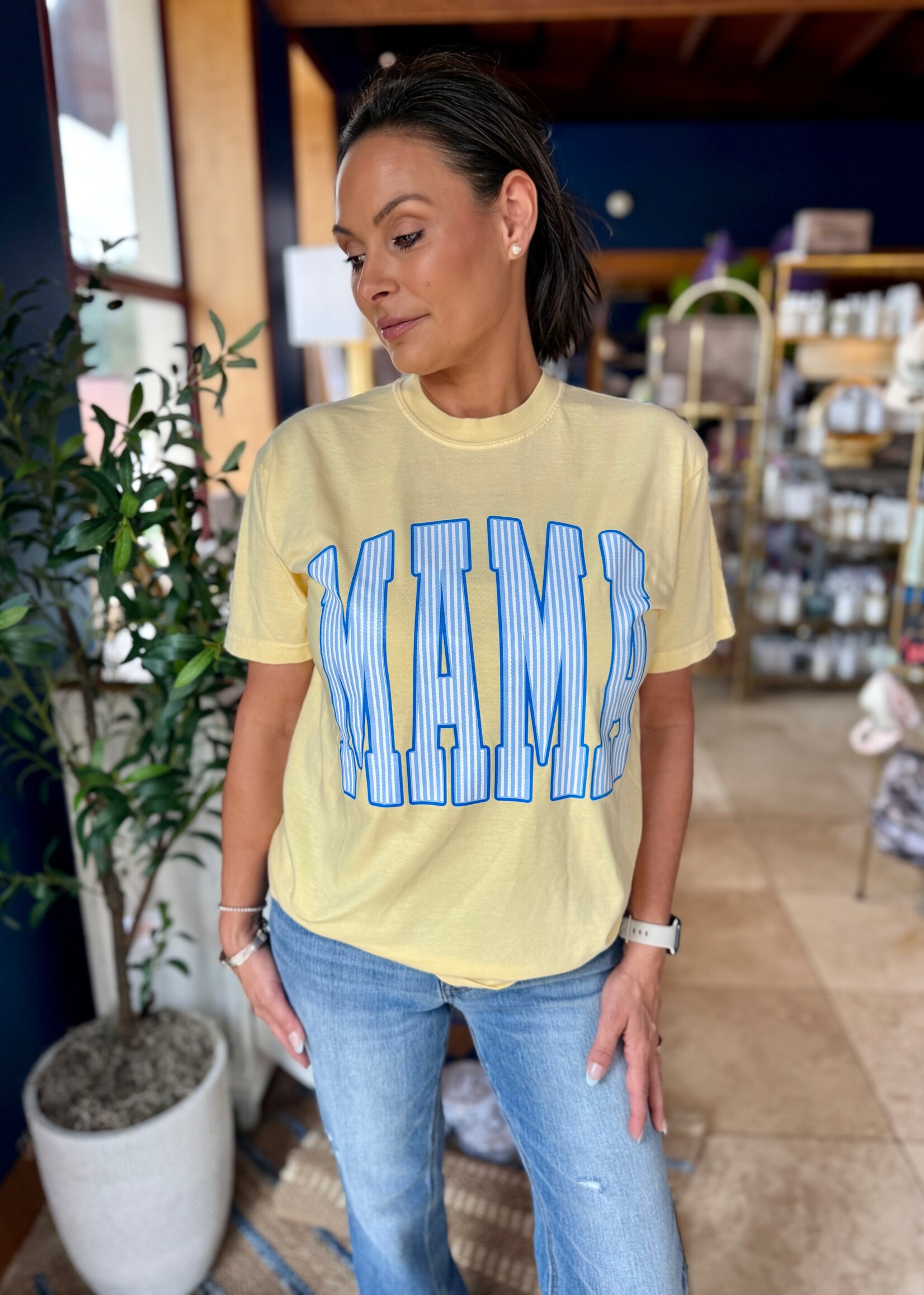Bloom and Company Yellow Striped Mama Blue Tee