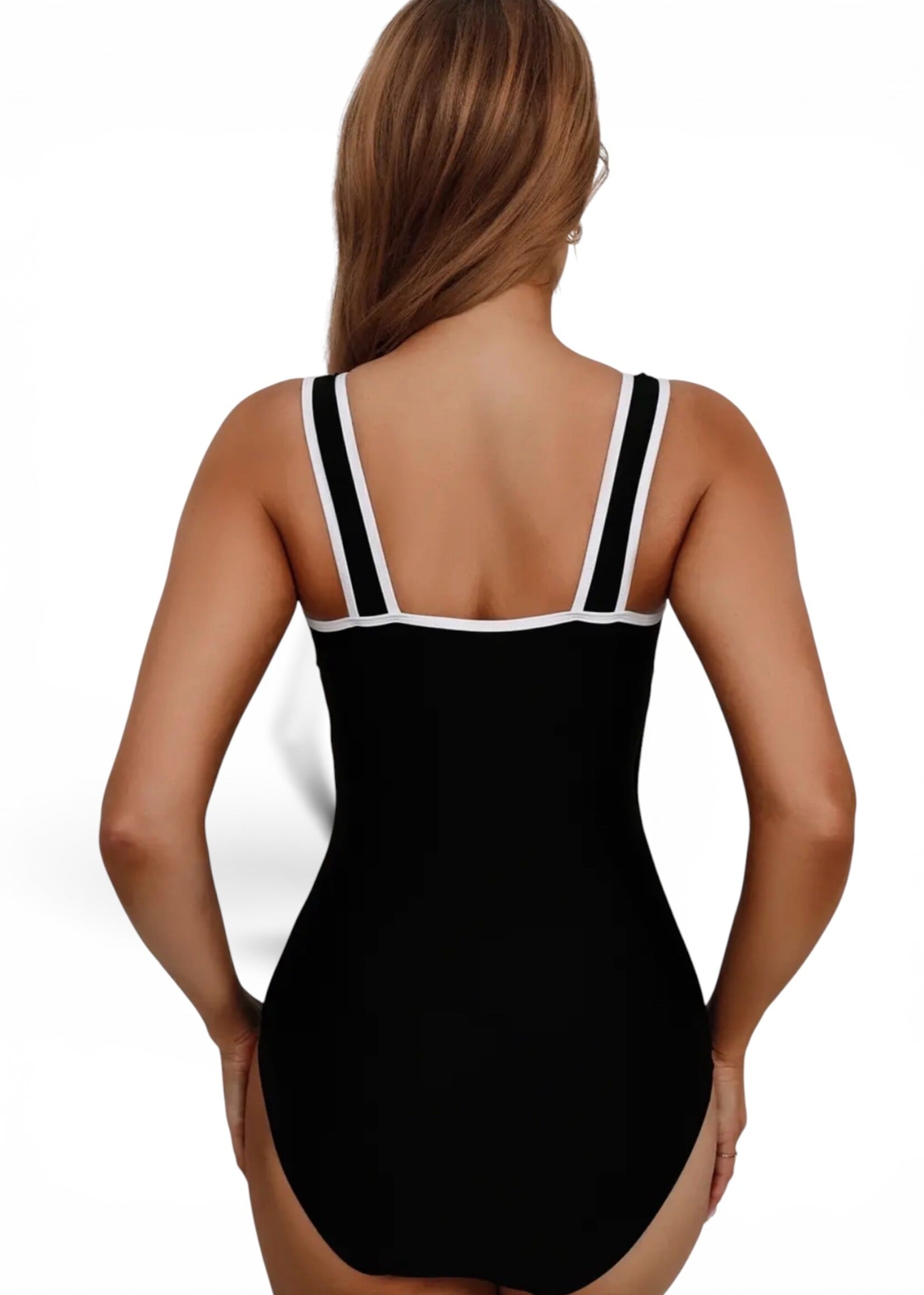 LA Society Black Color Block Edge Belted One Piece Swimsuit