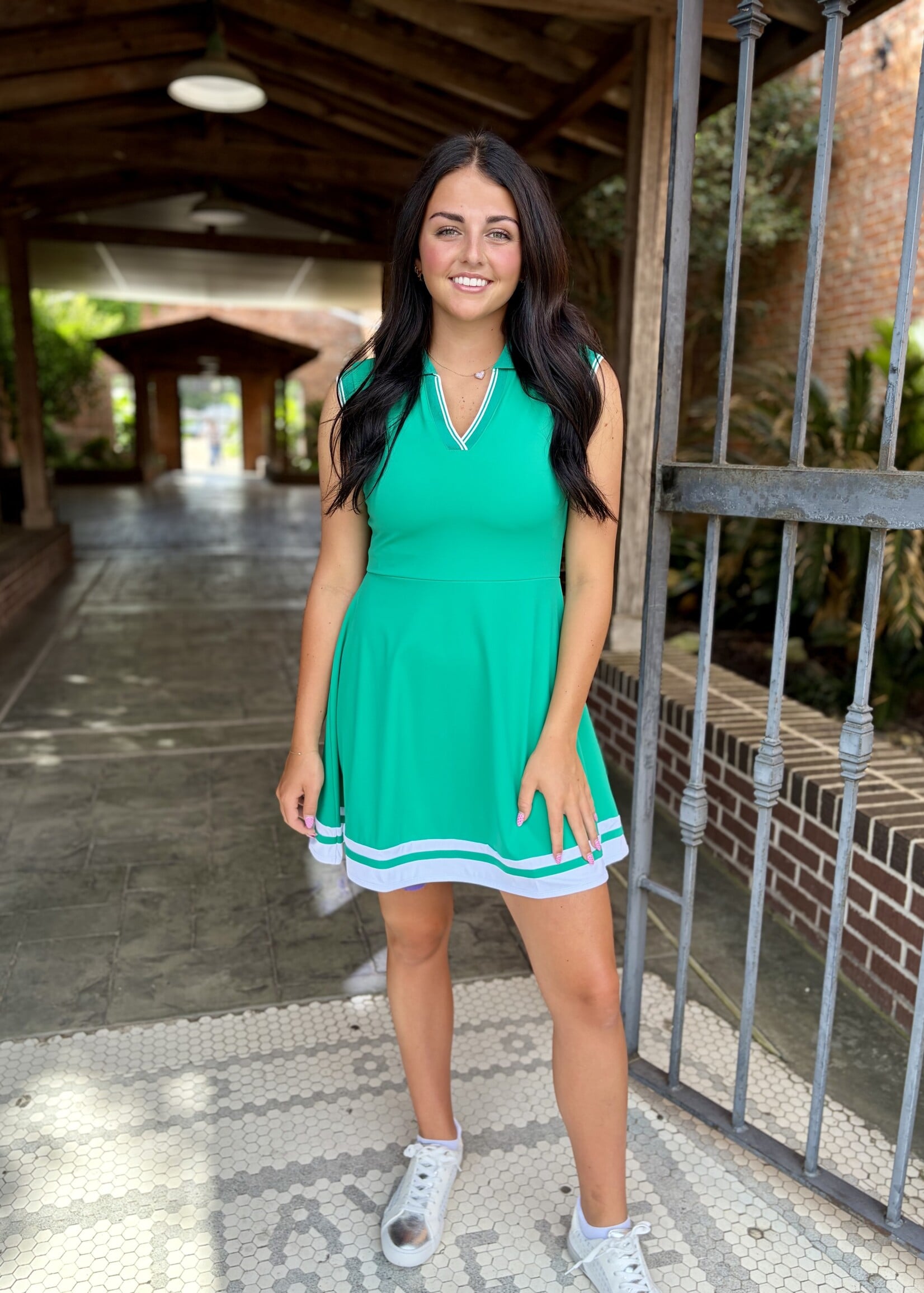 Bloom and Company Collared Green Tennis Dress Trimmed in White