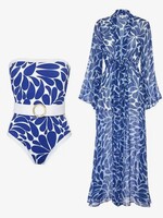 Bloom and Company Blue & White Strapless One Piece Swimsuit w/ Coverup