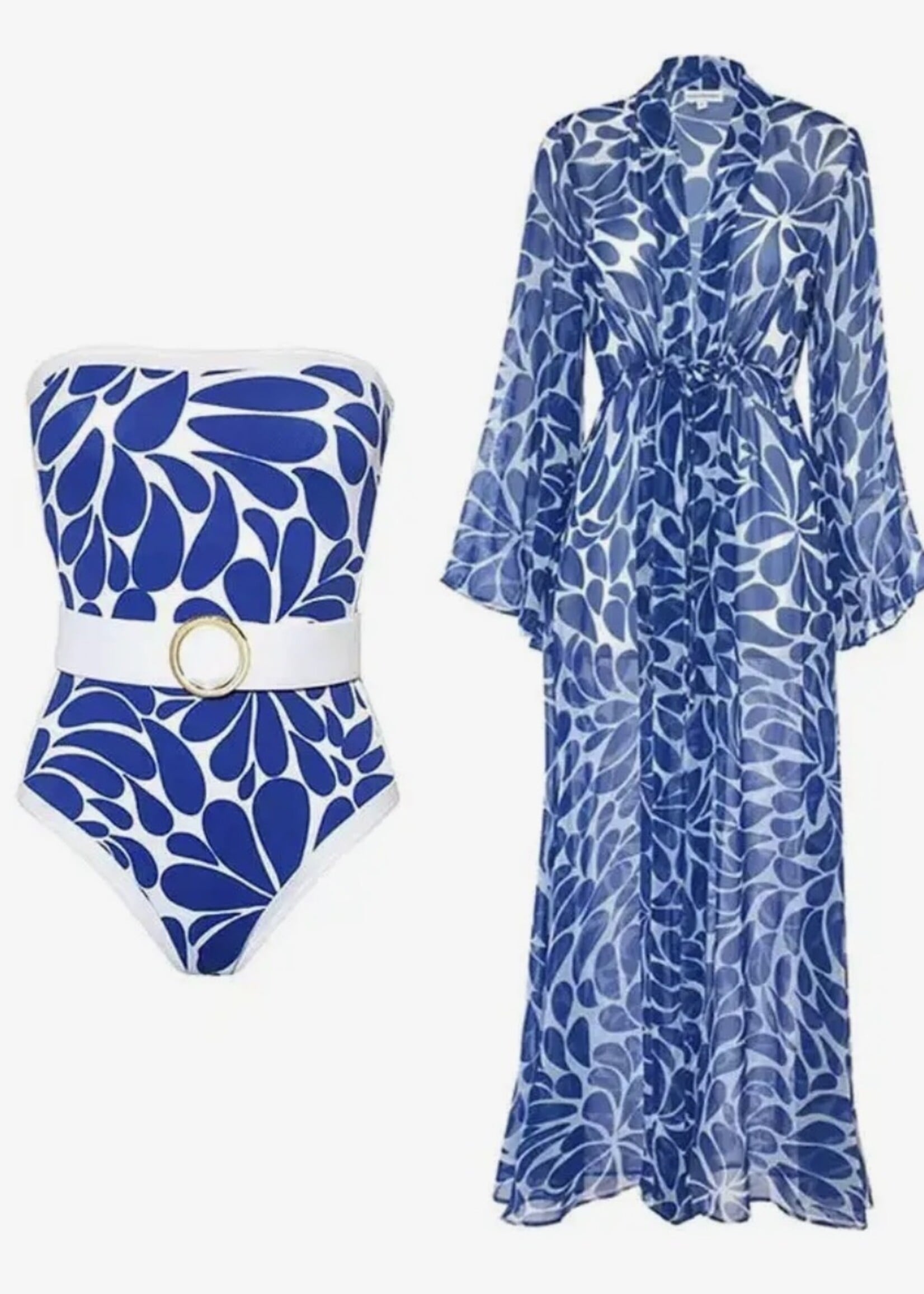 Bloom and Company Blue & White Strapless One Piece Swimsuit w/ Coverup