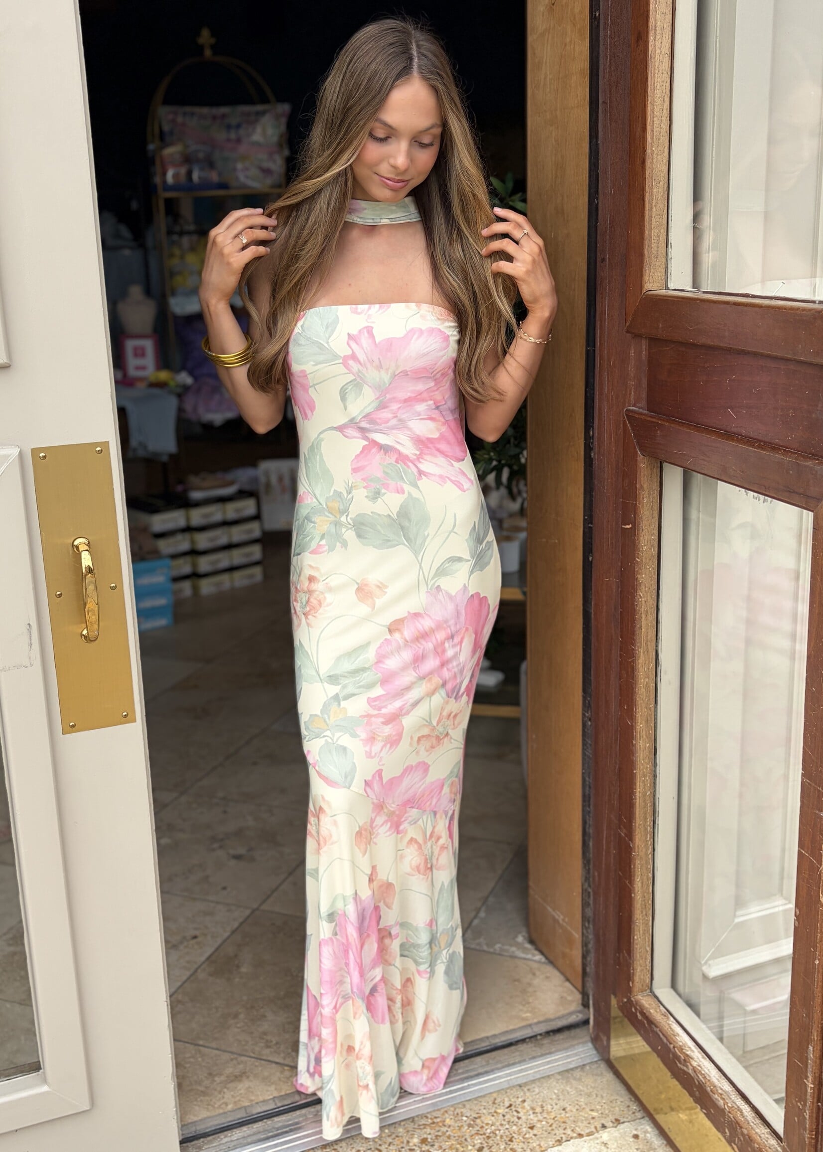 Rosa Clothing Floral Strapless Neck Scarf Dress
