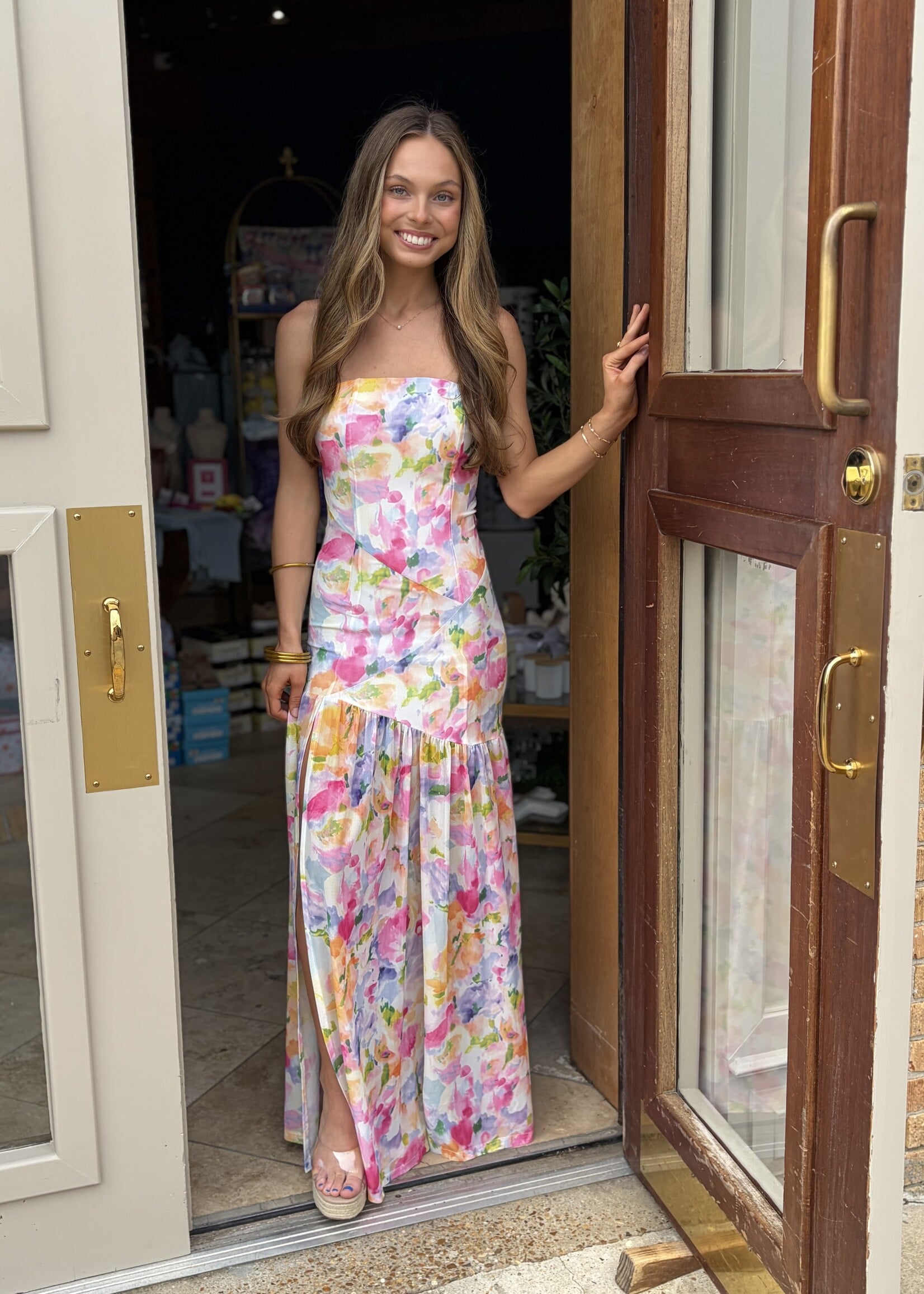 Rosa Clothing Colorful Floral Strapless Ruffle Dress