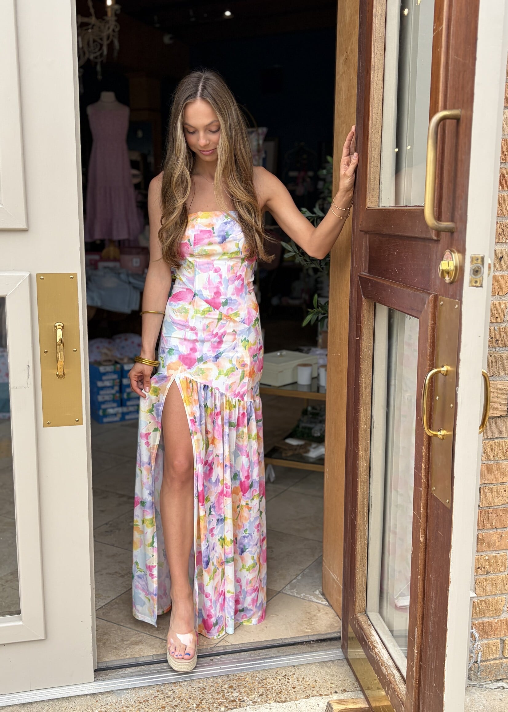 Rosa Clothing Colorful Floral Strapless Ruffle Dress