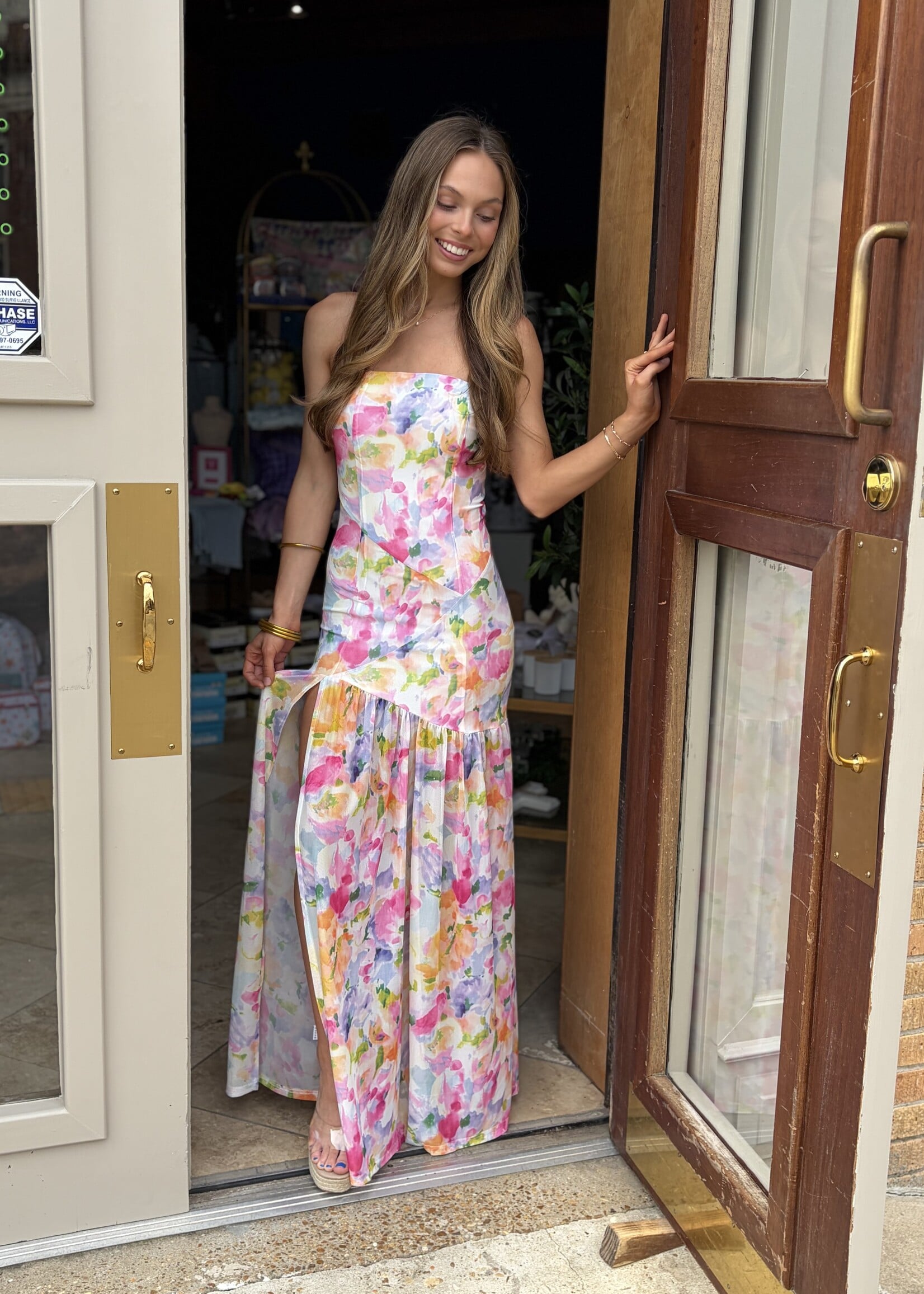 Rosa Clothing Colorful Floral Strapless Ruffle Dress