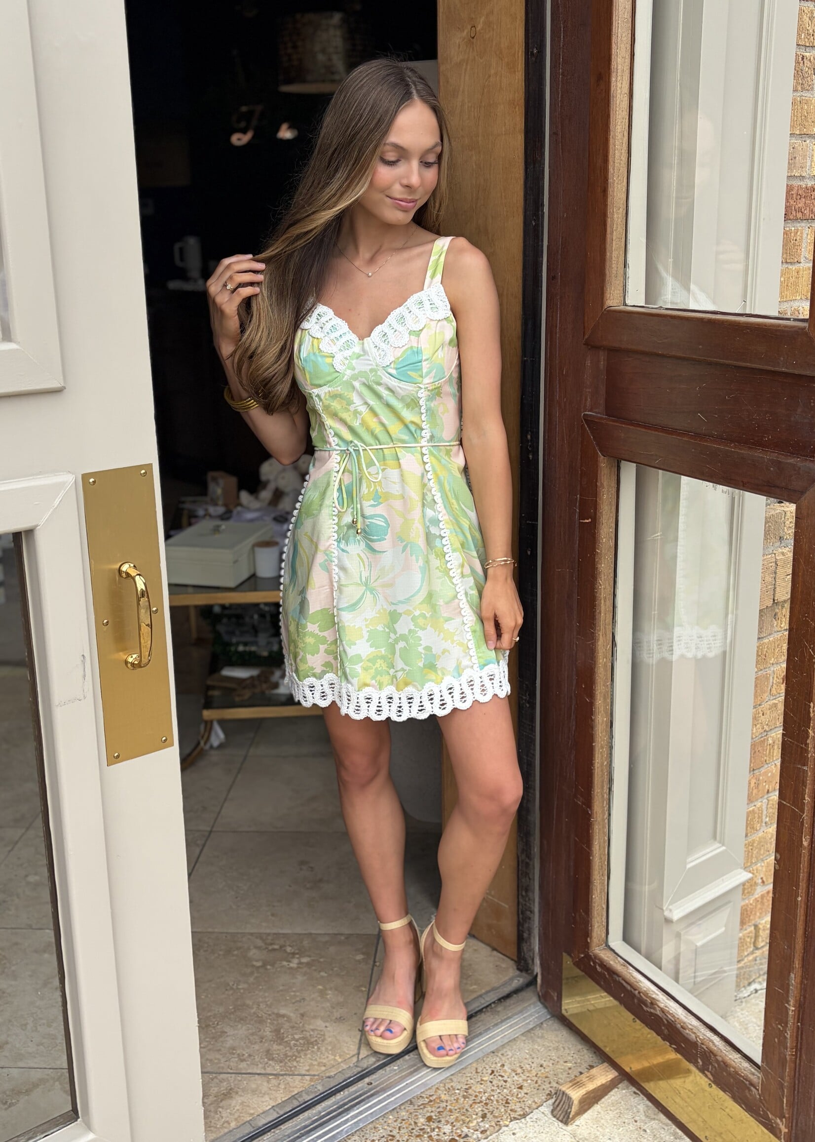 Rosa Clothing Green Lace Trim V-Neck Dress