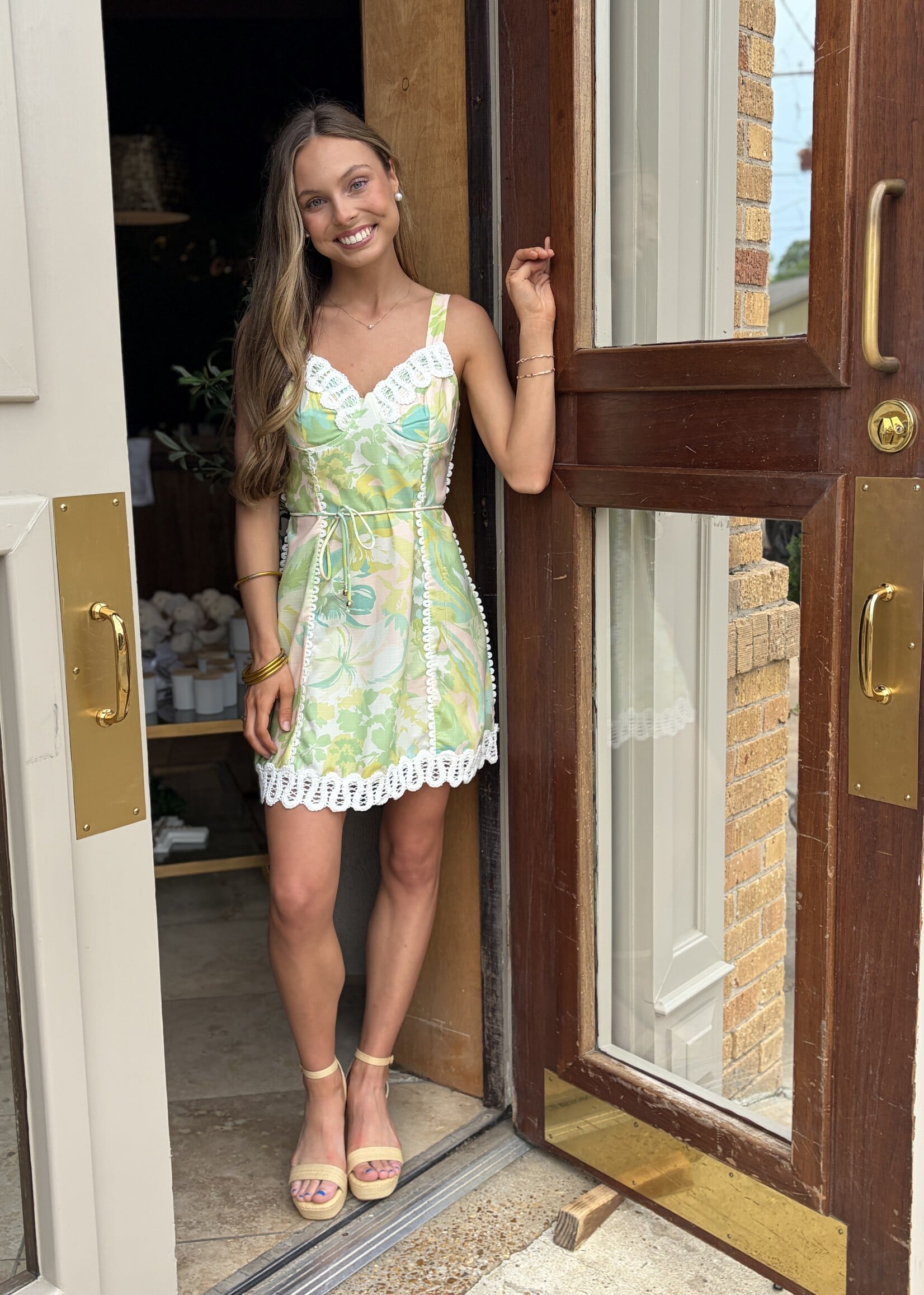 Rosa Clothing Green Lace Trim V-Neck Dress