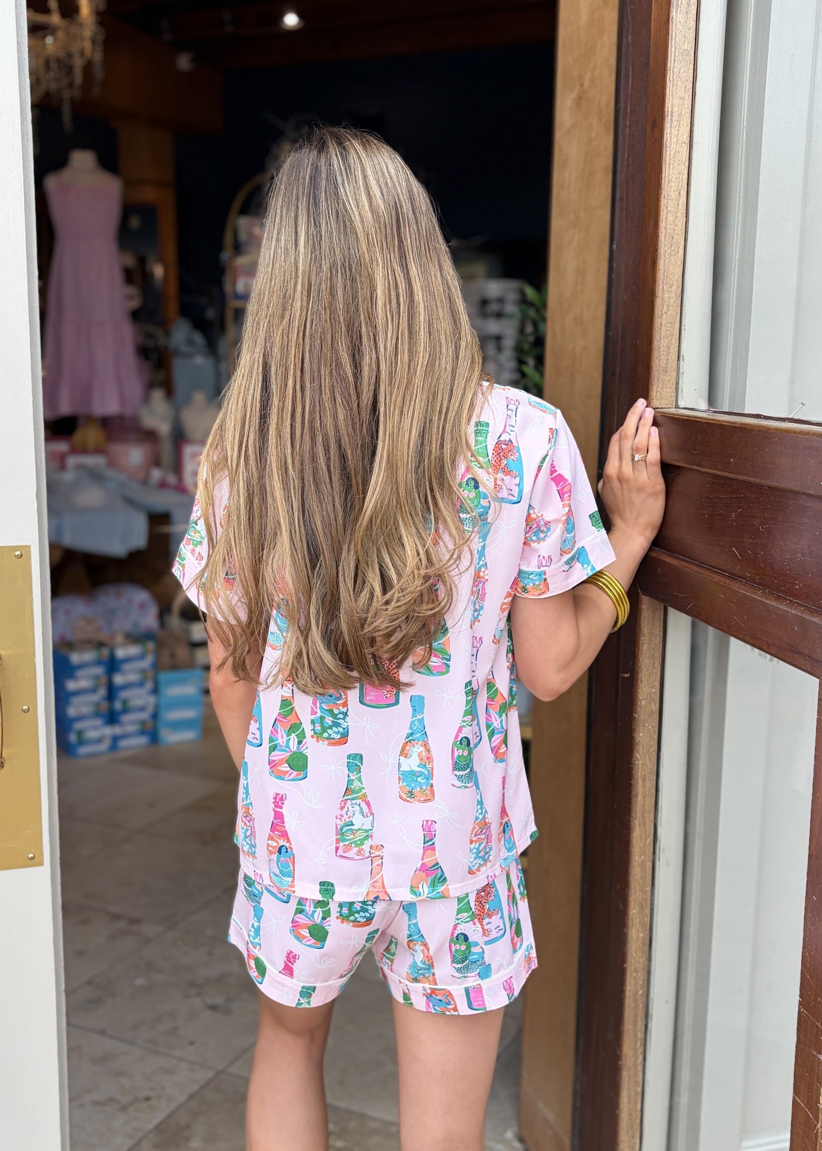 Rosa Clothing Pink Wine Bottle & Tiger Print Pajama Set