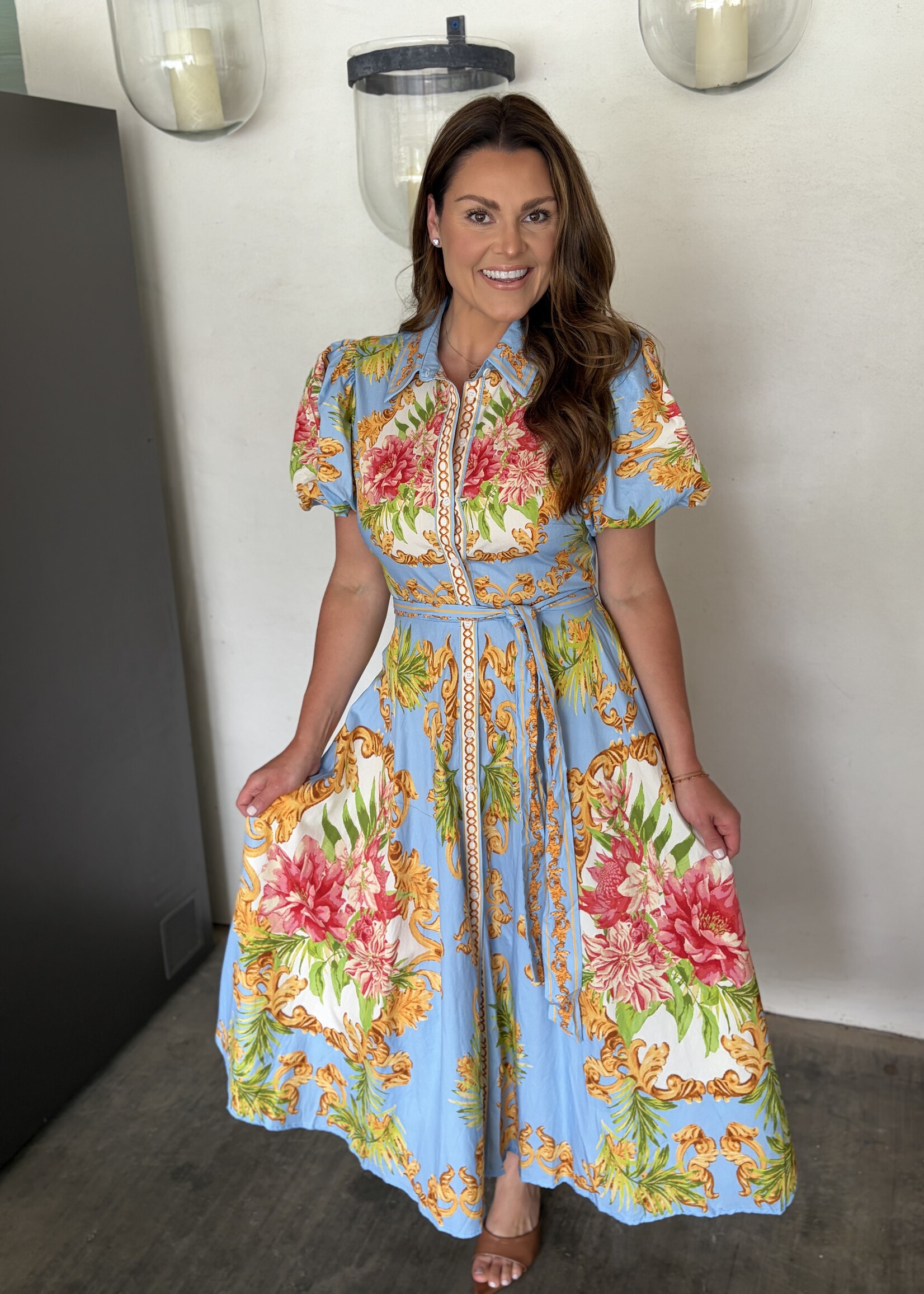Bloom and Company Light Blue Multicolor Printed Woven Midi Dress