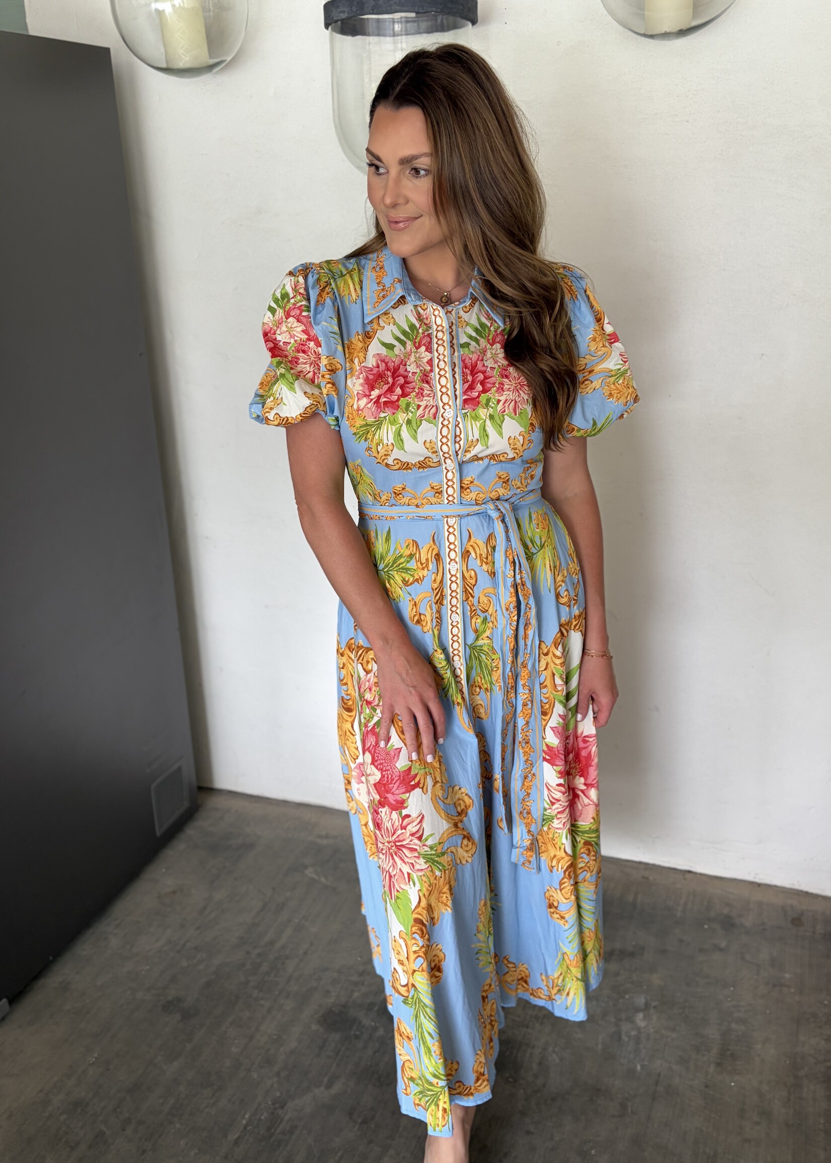 Bloom and Company Light Blue Multicolor Printed Woven Midi Dress
