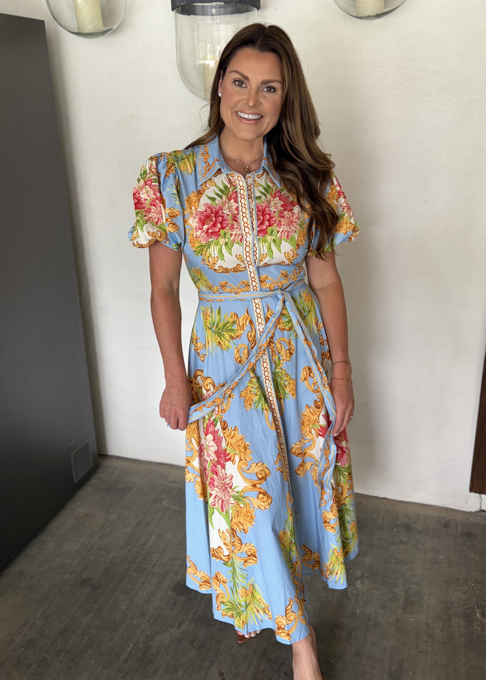 Bloom and Company Light Blue Multicolor Printed Woven Midi Dress