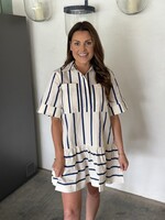 glam Navy Striped Button Down Front Dress