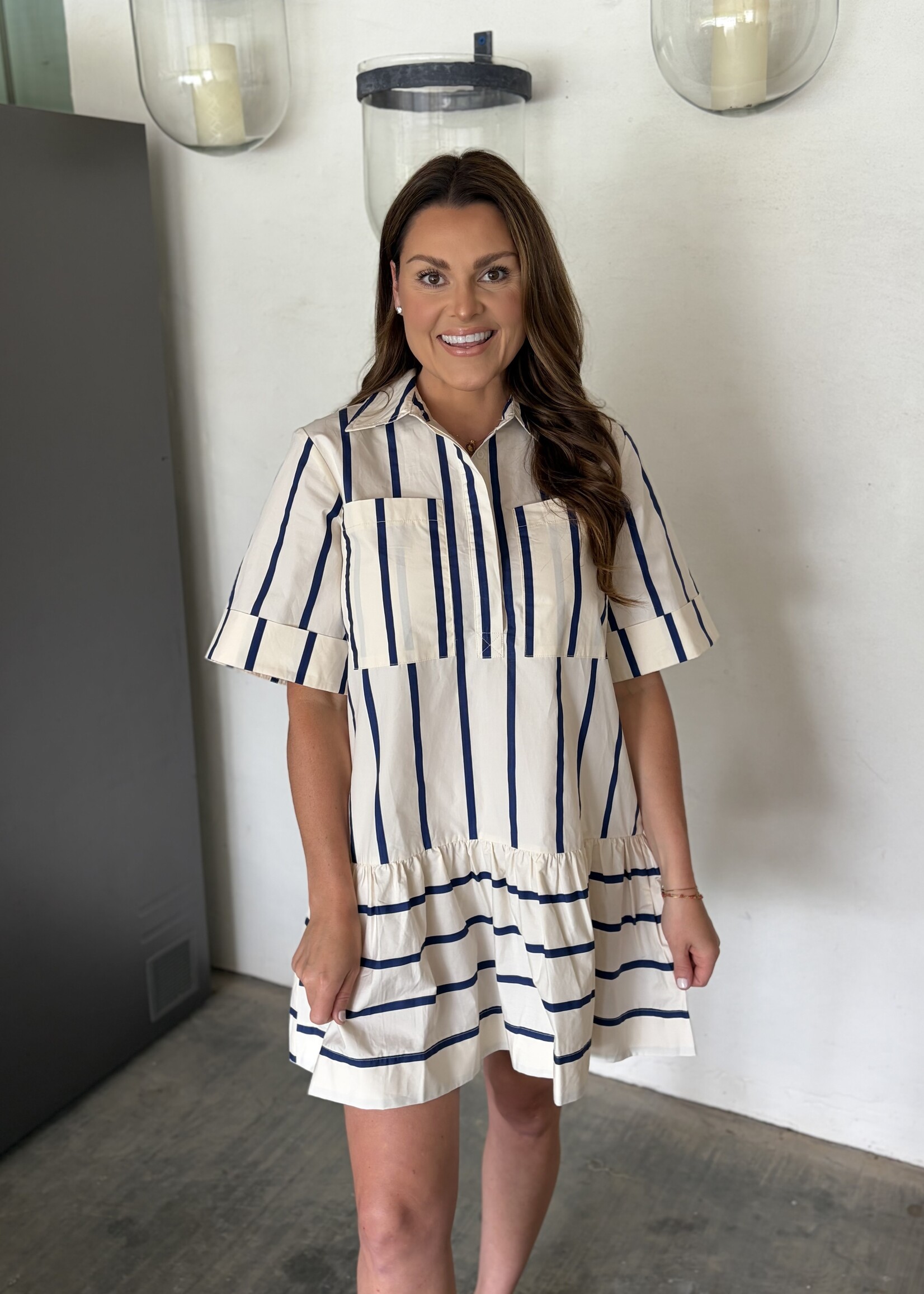 glam Navy Striped Button Down Front Dress