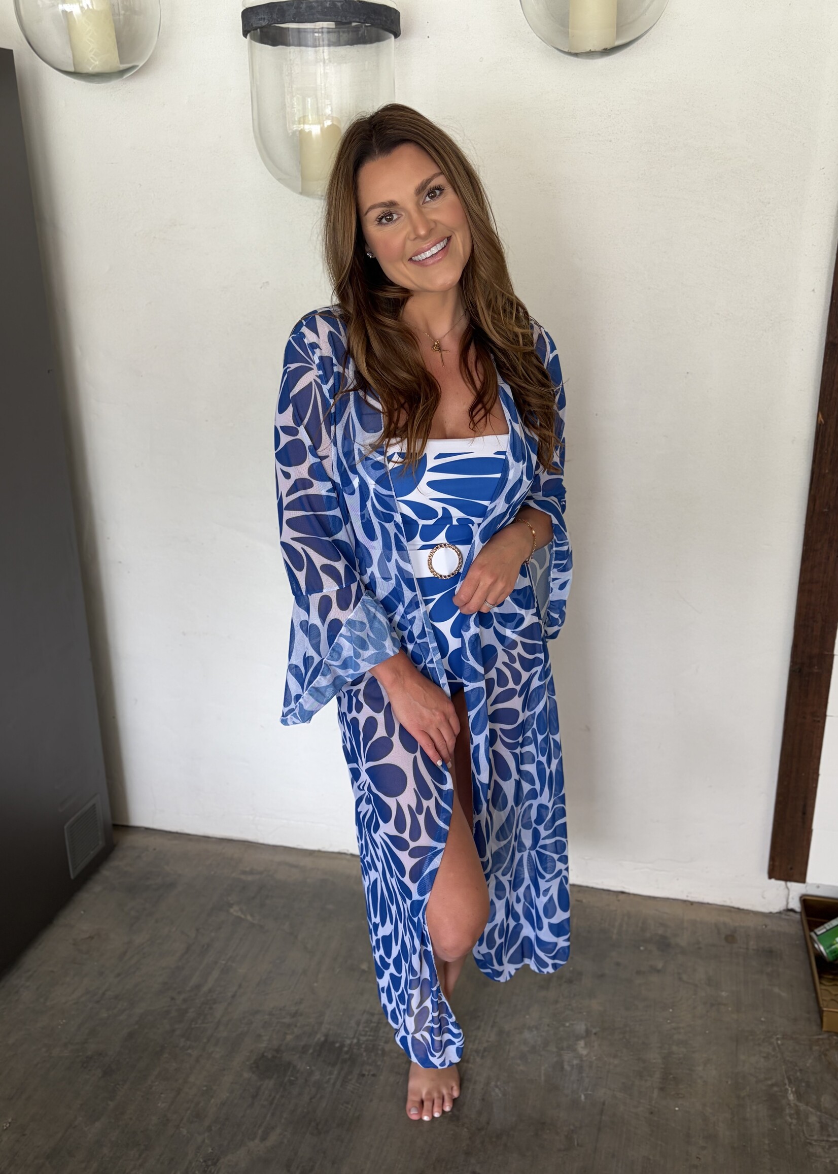 Bloom and Company Blue & White Strapless One Piece Swimsuit w/ Coverup