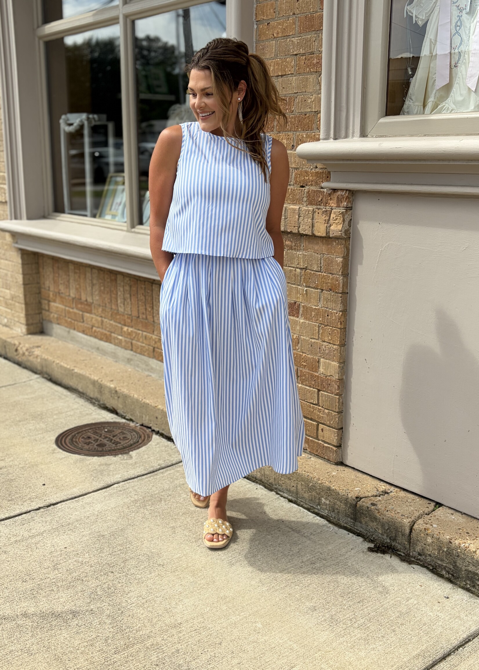 Rosa Clothing Blue Striped Top & Skirt Set