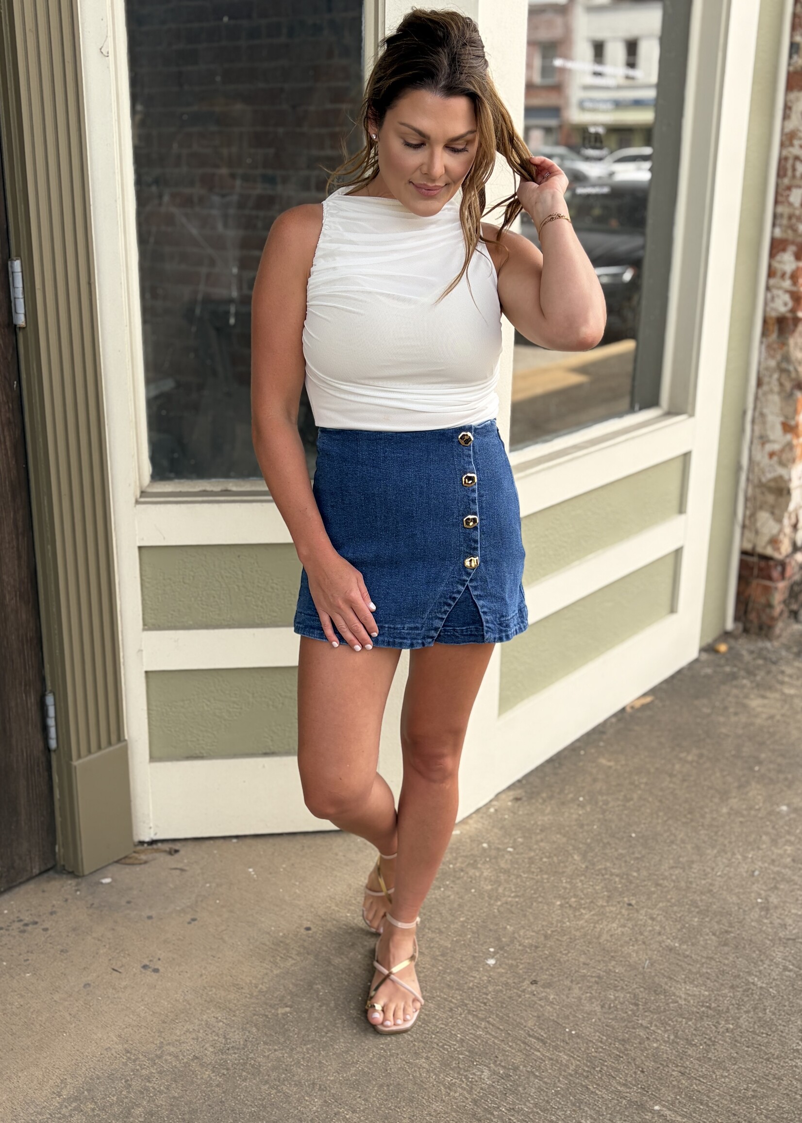 Bloom and Company Denim Skort w/ Gold Button Accents