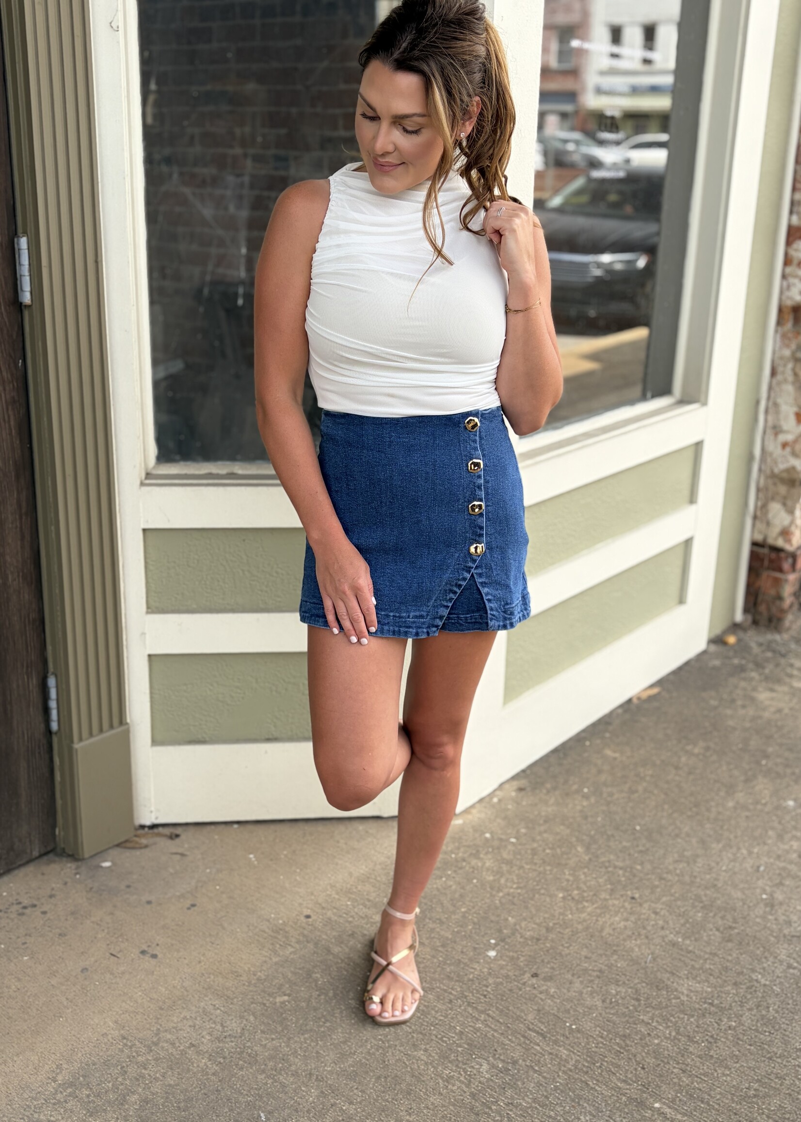 Bloom and Company Denim Skort w/ Gold Button Accents