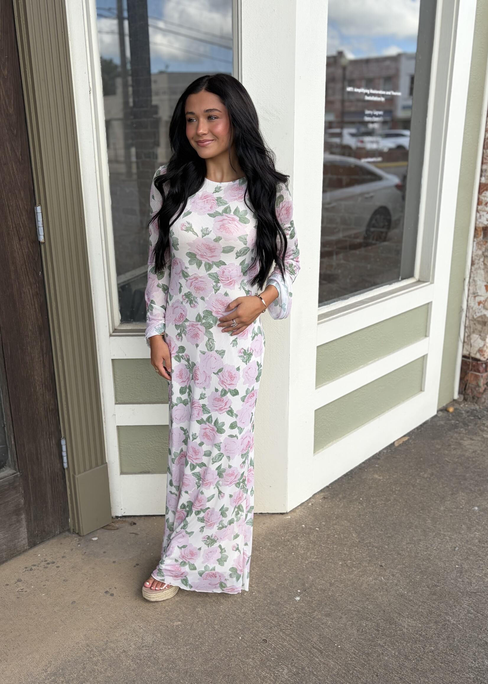 Bloom and Company Pink Floral Long Sleeve Maxi Dress