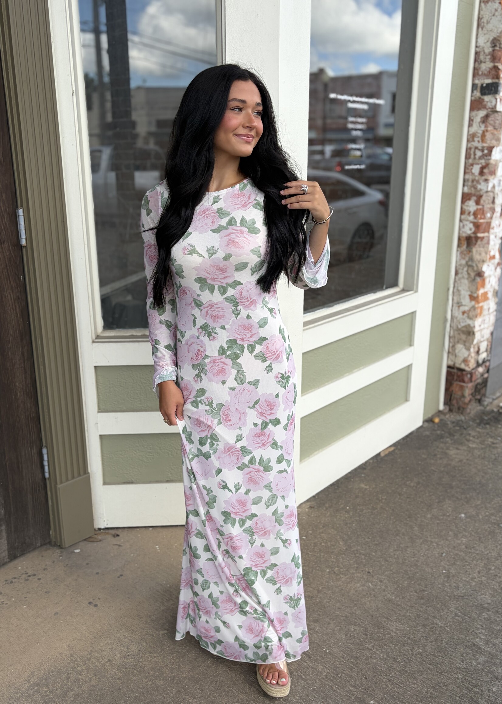 Bloom and Company Pink Floral Long Sleeve Maxi Dress
