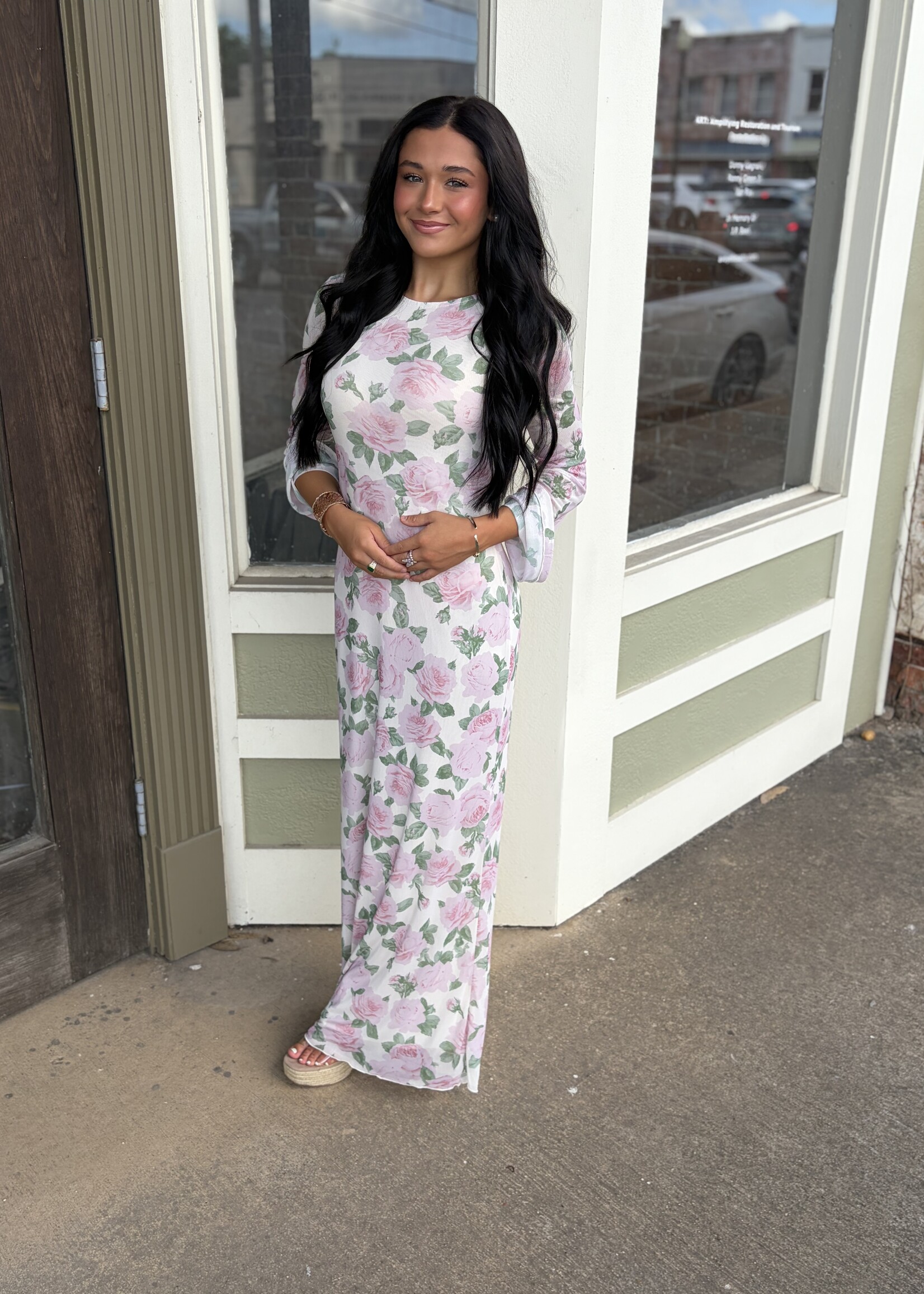 Bloom and Company Pink Floral Long Sleeve Maxi Dress
