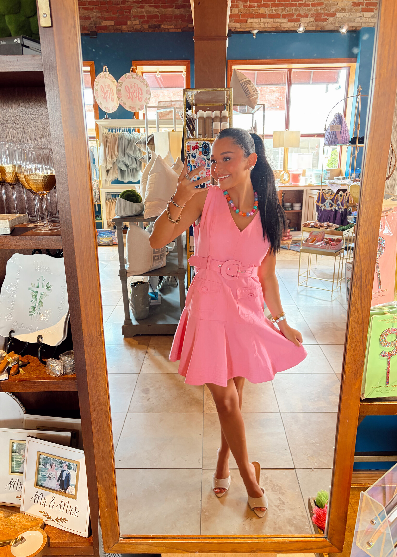 TCEC Pink V-Neck Belted Mini Dress