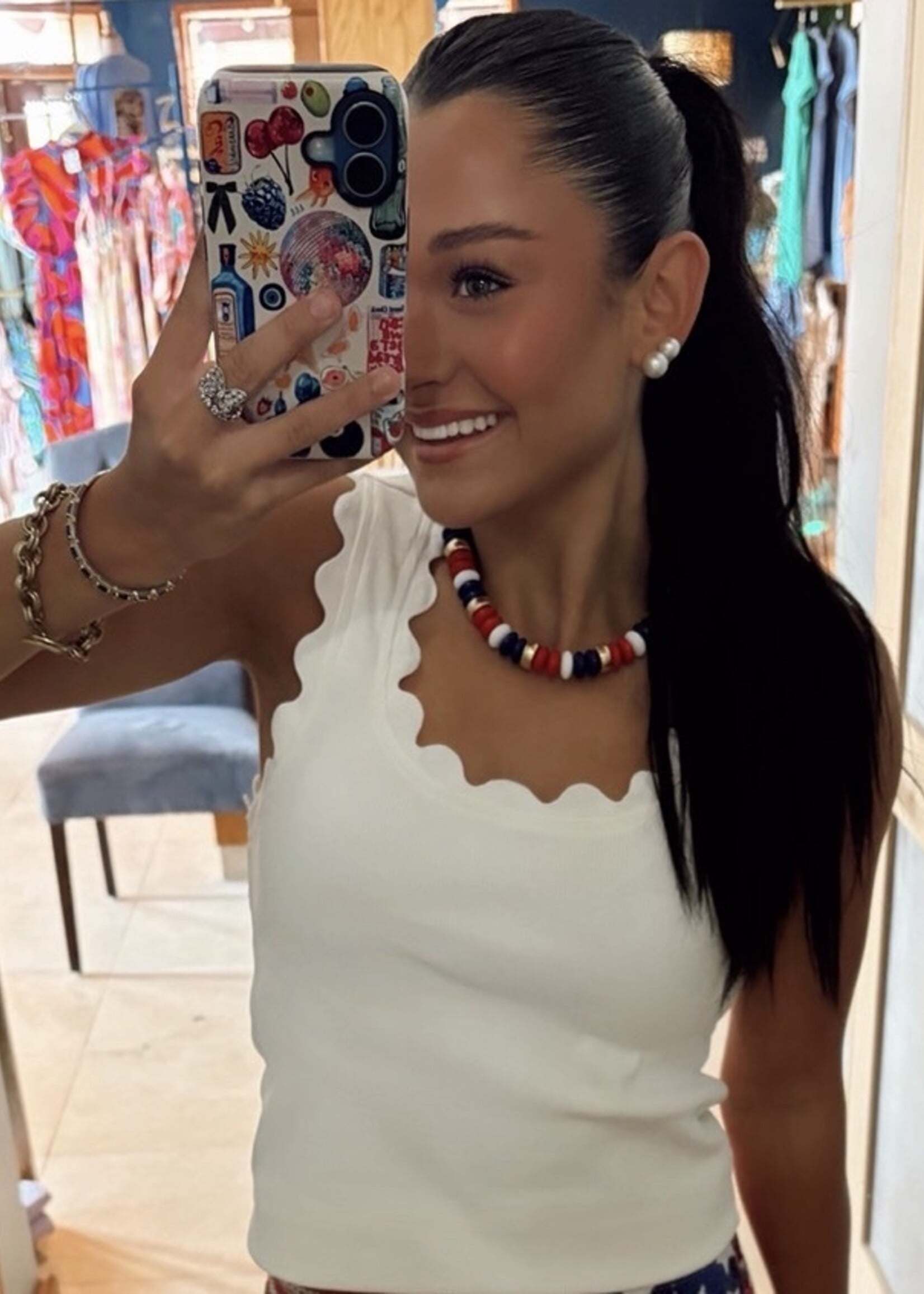 glam White Scalloped Tank Top