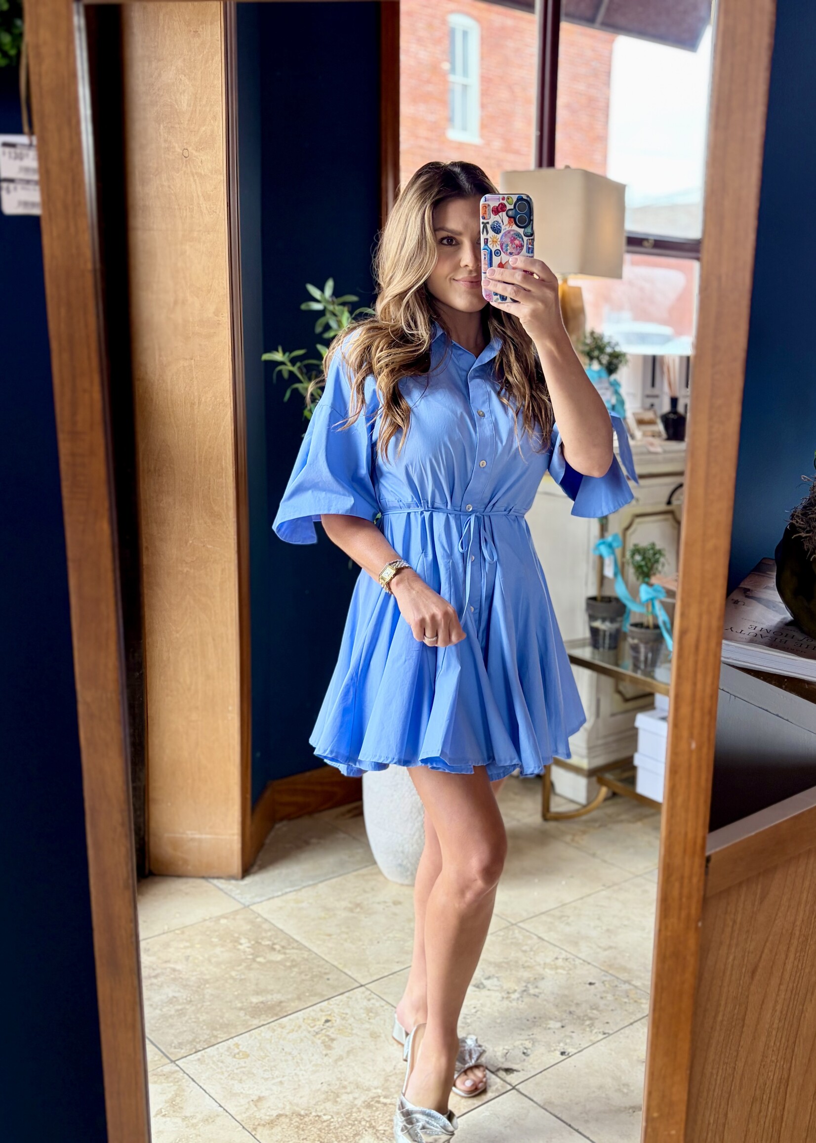 Pinch Blue Button Down Pleated Mini Dress