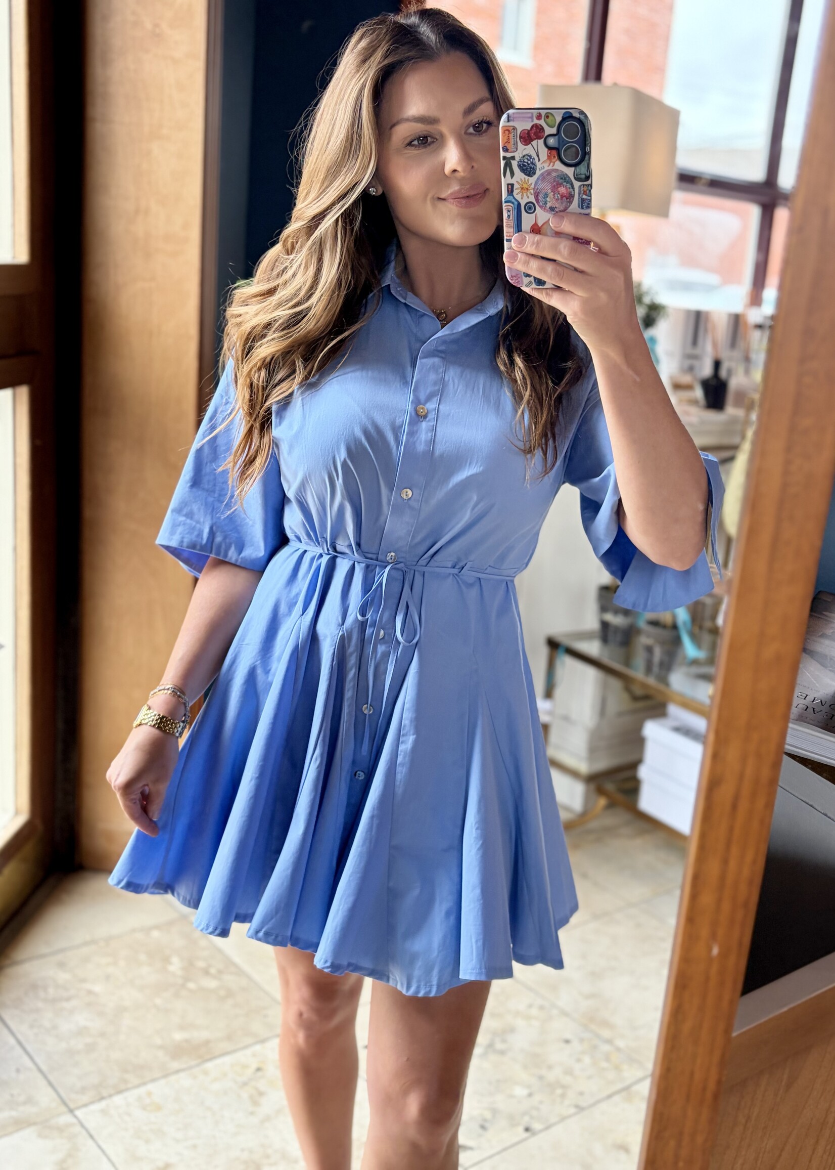 Pinch Blue Button Down Pleated Mini Dress