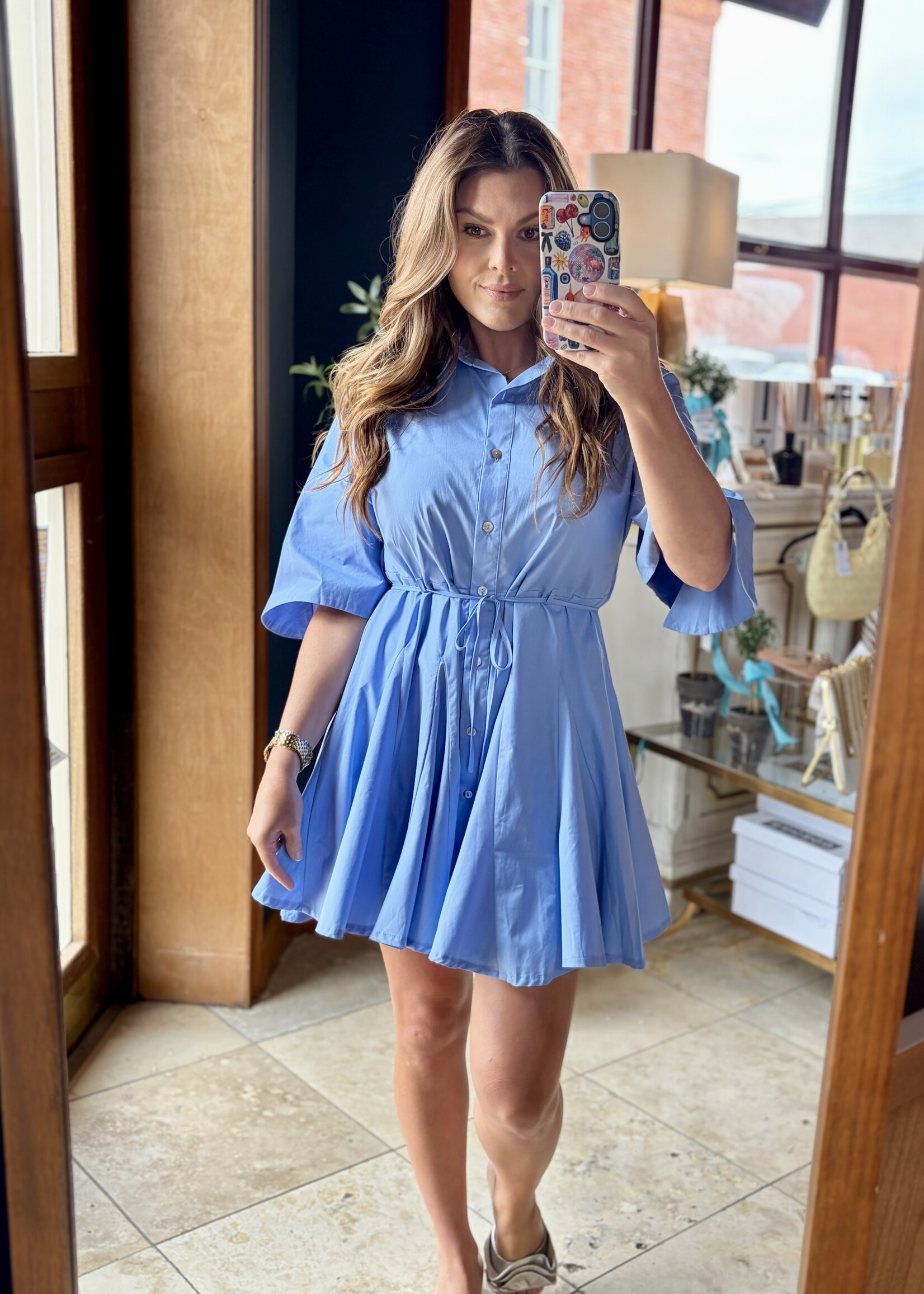 Pinch Blue Button Down Pleated Mini Dress