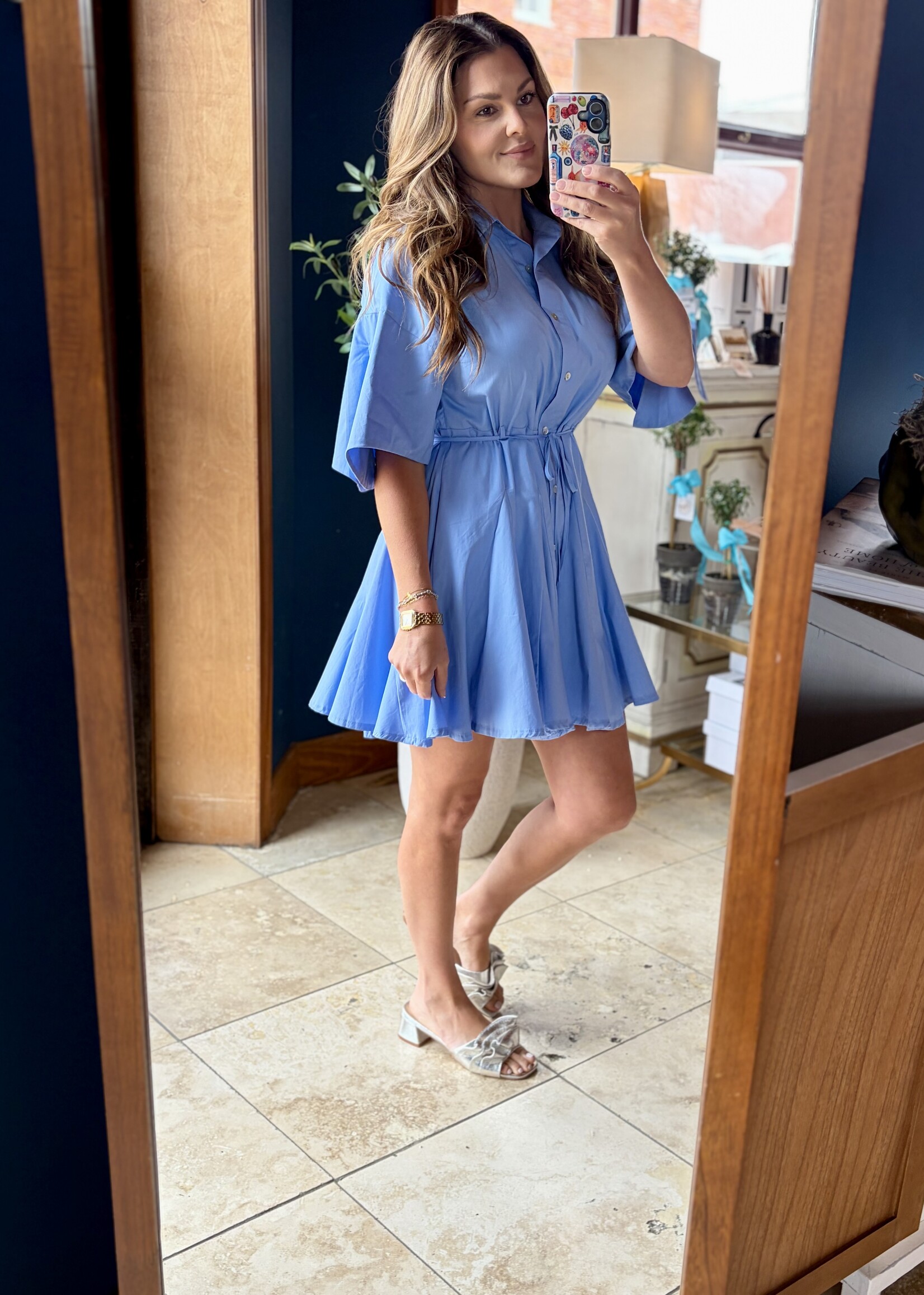 Pinch Blue Button Down Pleated Mini Dress